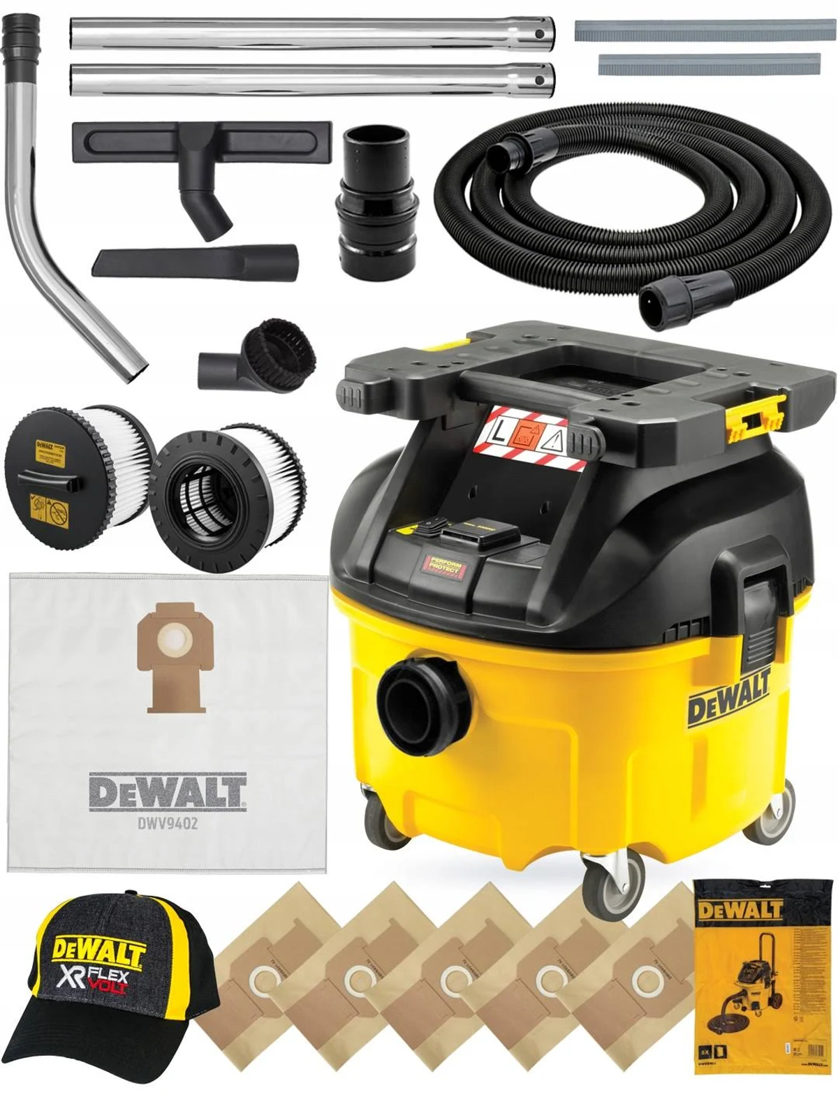 Aspiradora y accesorios Dewalt. Amarillo y negro con bolsas y un sombrero.