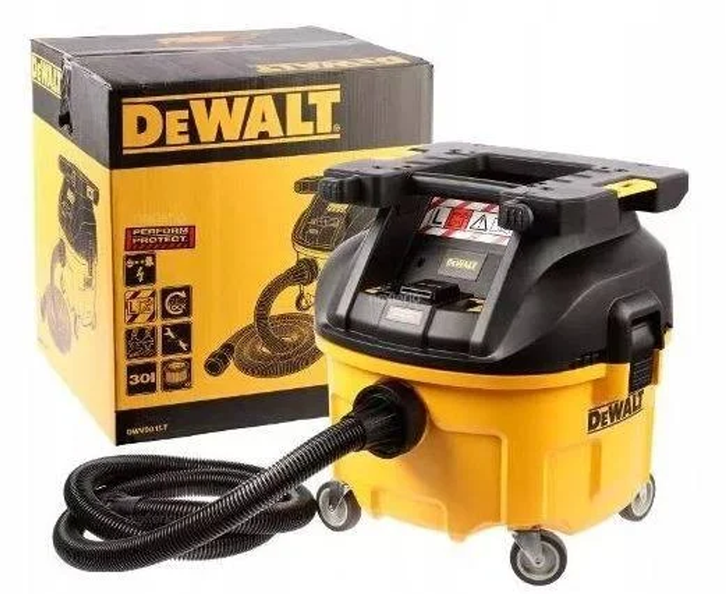 Una aspiradora DeWalt amarilla y negra con una caja en el fondo.