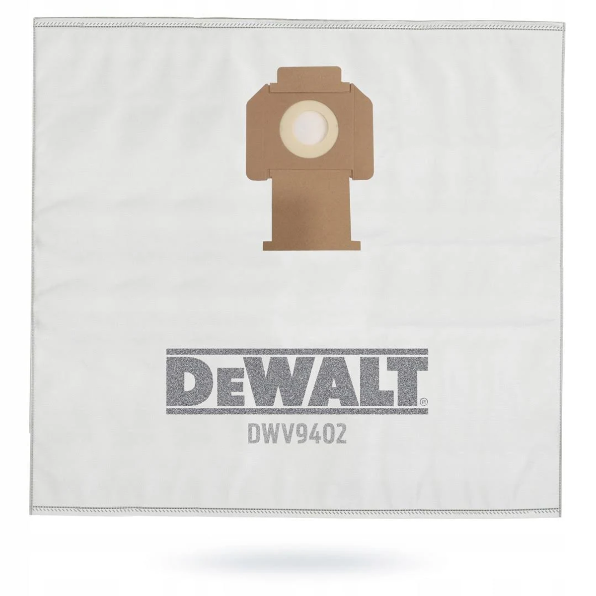 Bolsa de filtro para aspiradora DeWalt blanca. El logotipo de DeWalt está en el frente.