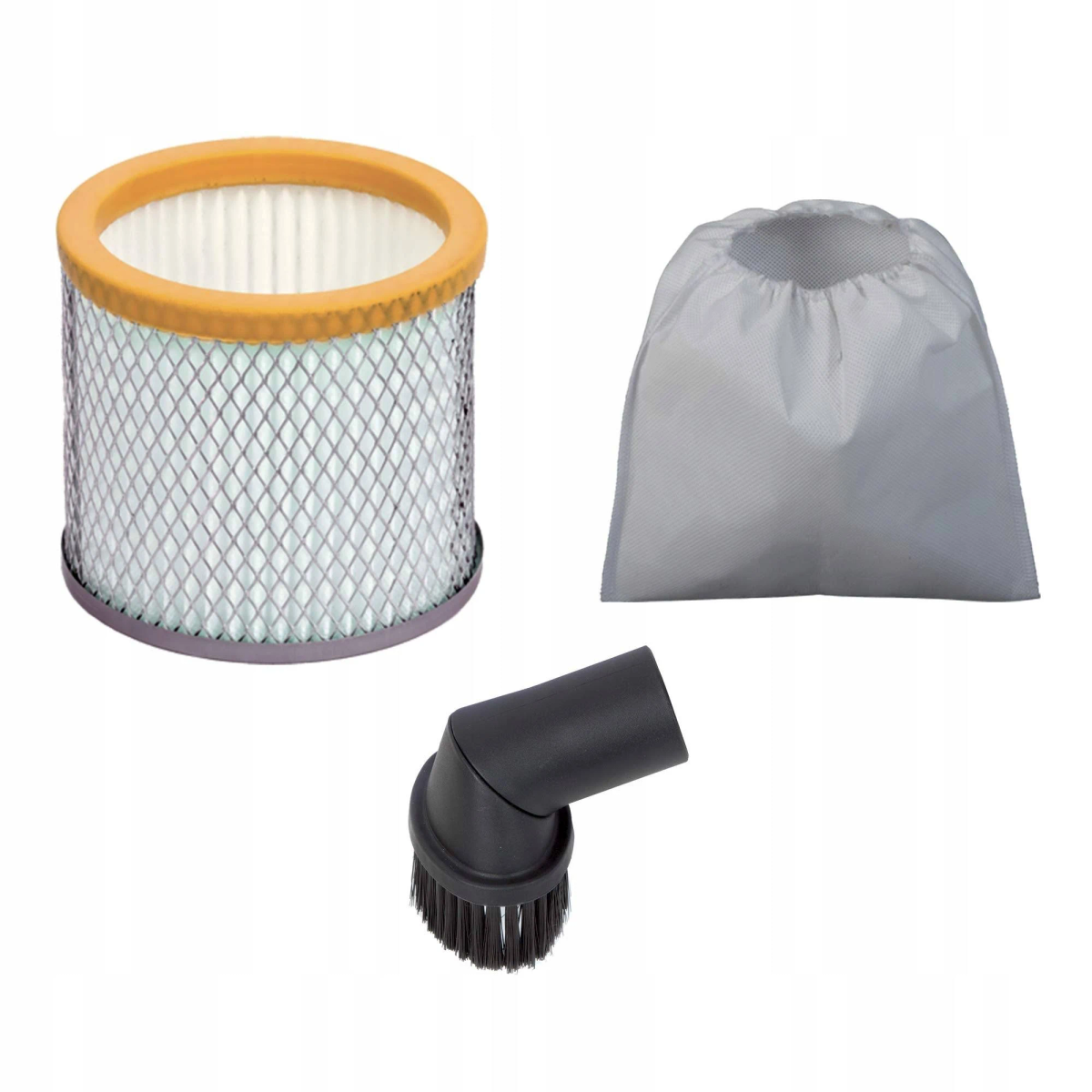 Accessori per aspirapolvere: un filtro, un sacchetto per la polvere e un accessorio a spazzola.