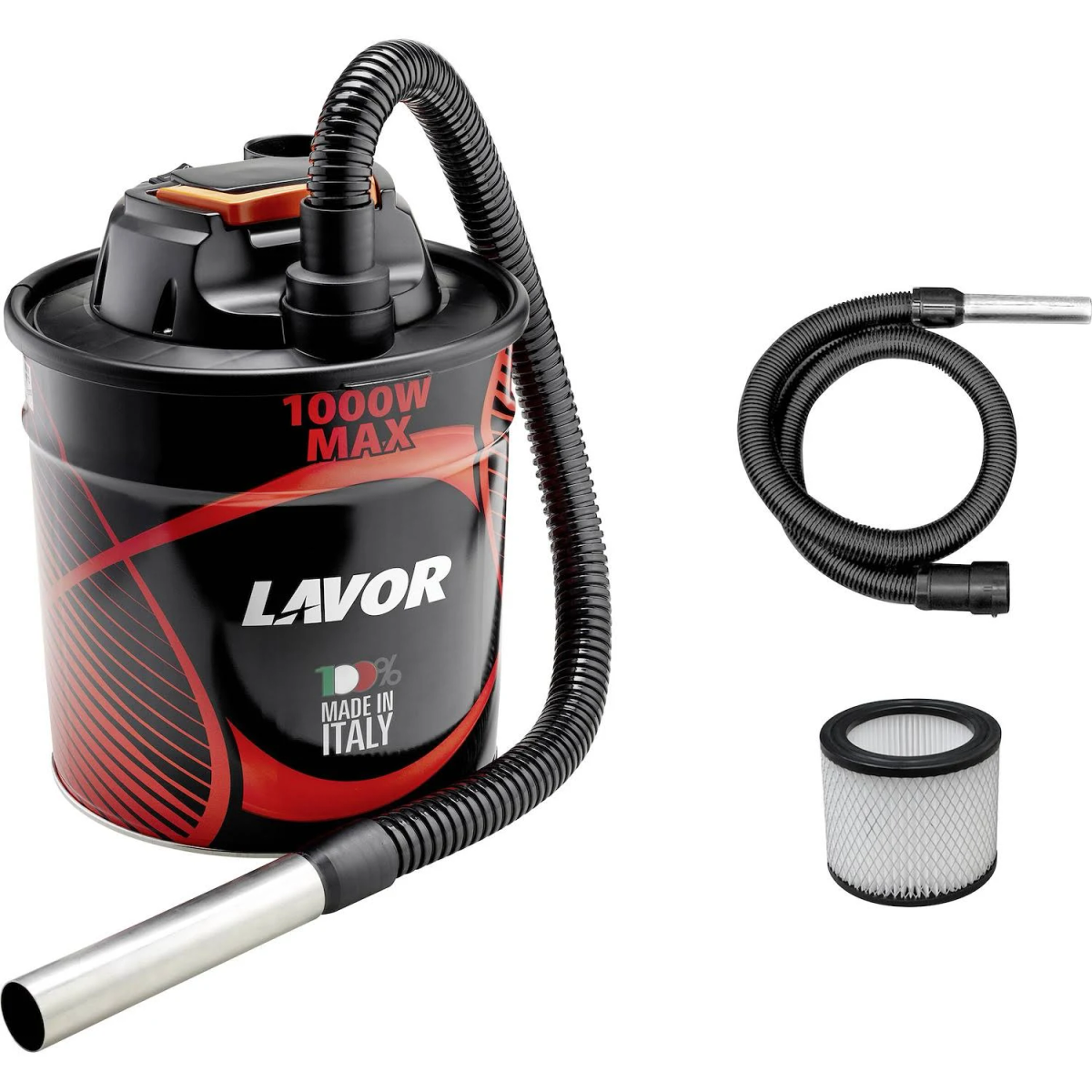 Aspirapolvere Lavor nero e rosso con tubo, filtro e accessori. Il testo 'Made in Italy' è visibile.