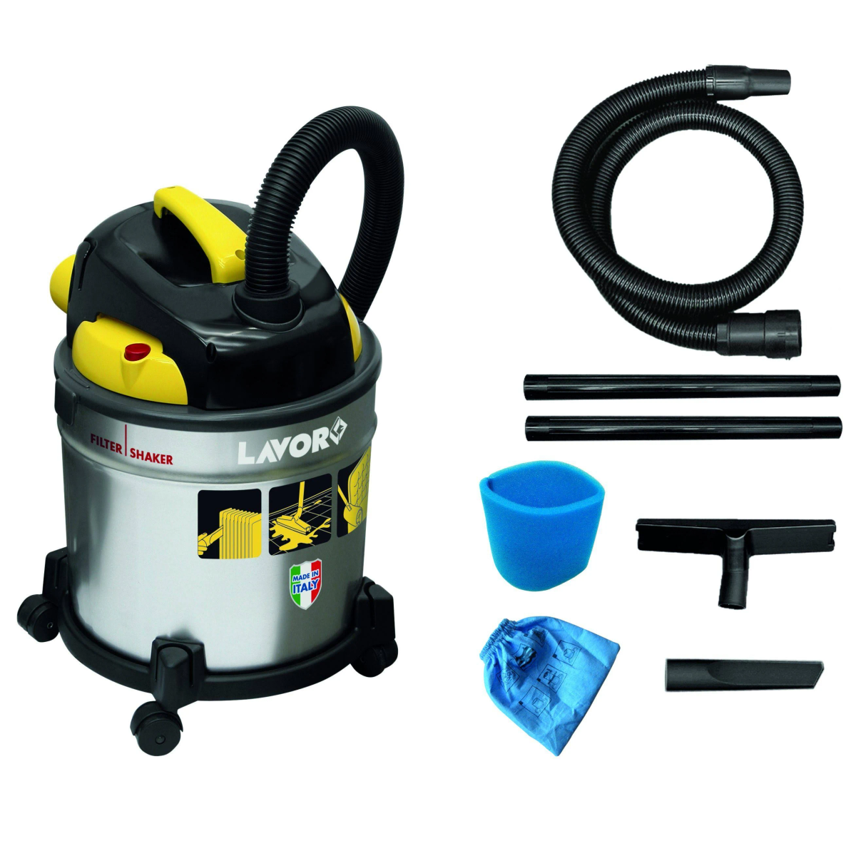 Aspirapolvere Lavor con accessori: tubo, tubi, ugelli e un filtro a spugna blu.