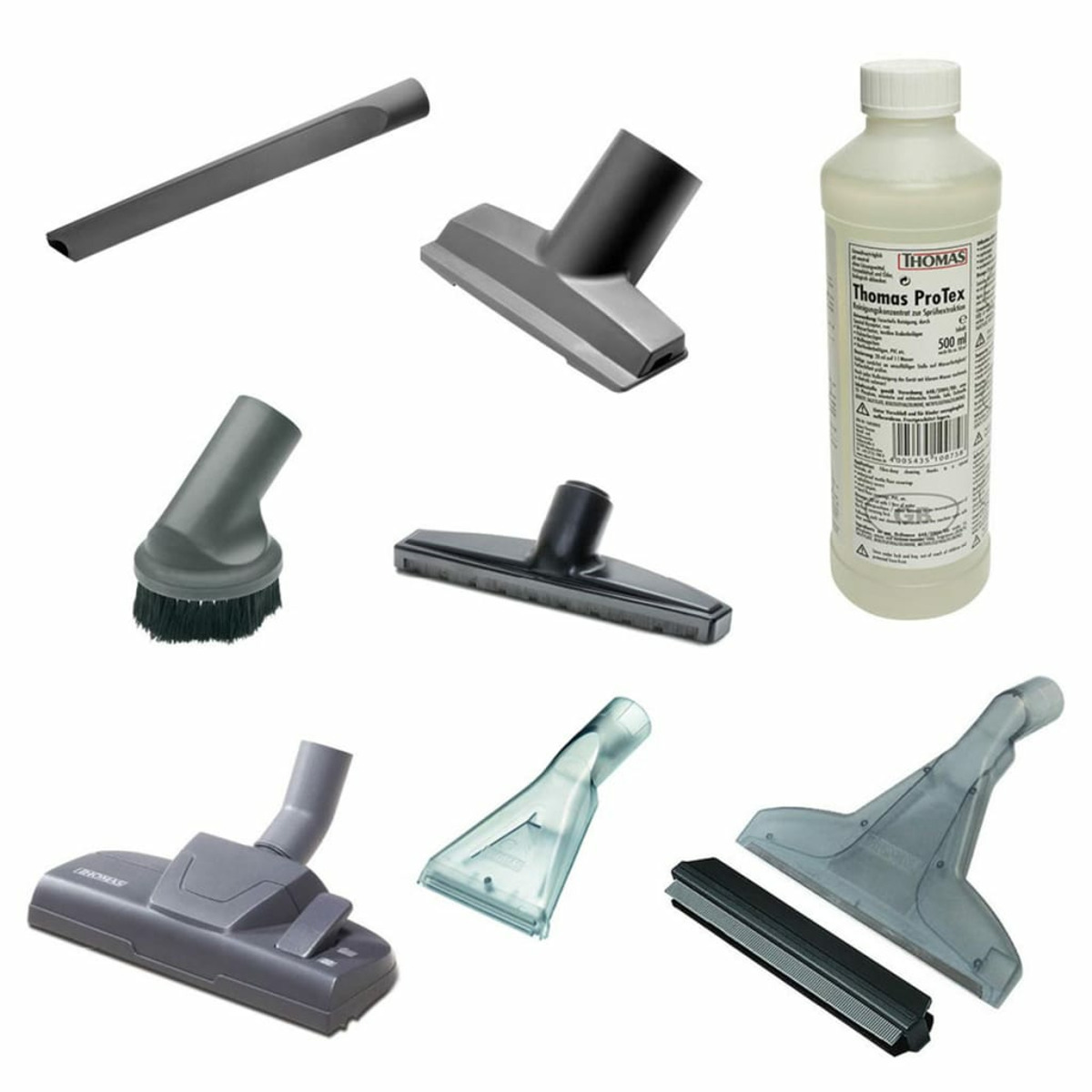 Accesorios de aspiradora y solución de limpieza, aislados sobre blanco.