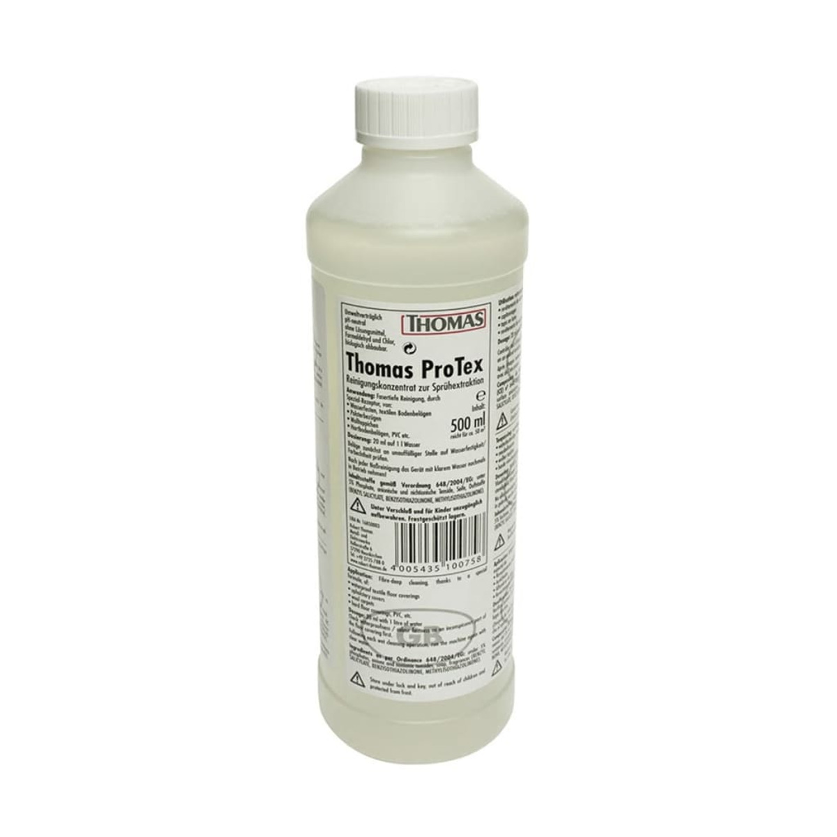 Una botella blanca de solución de limpieza Thomas ProTex con detalles de la etiqueta.