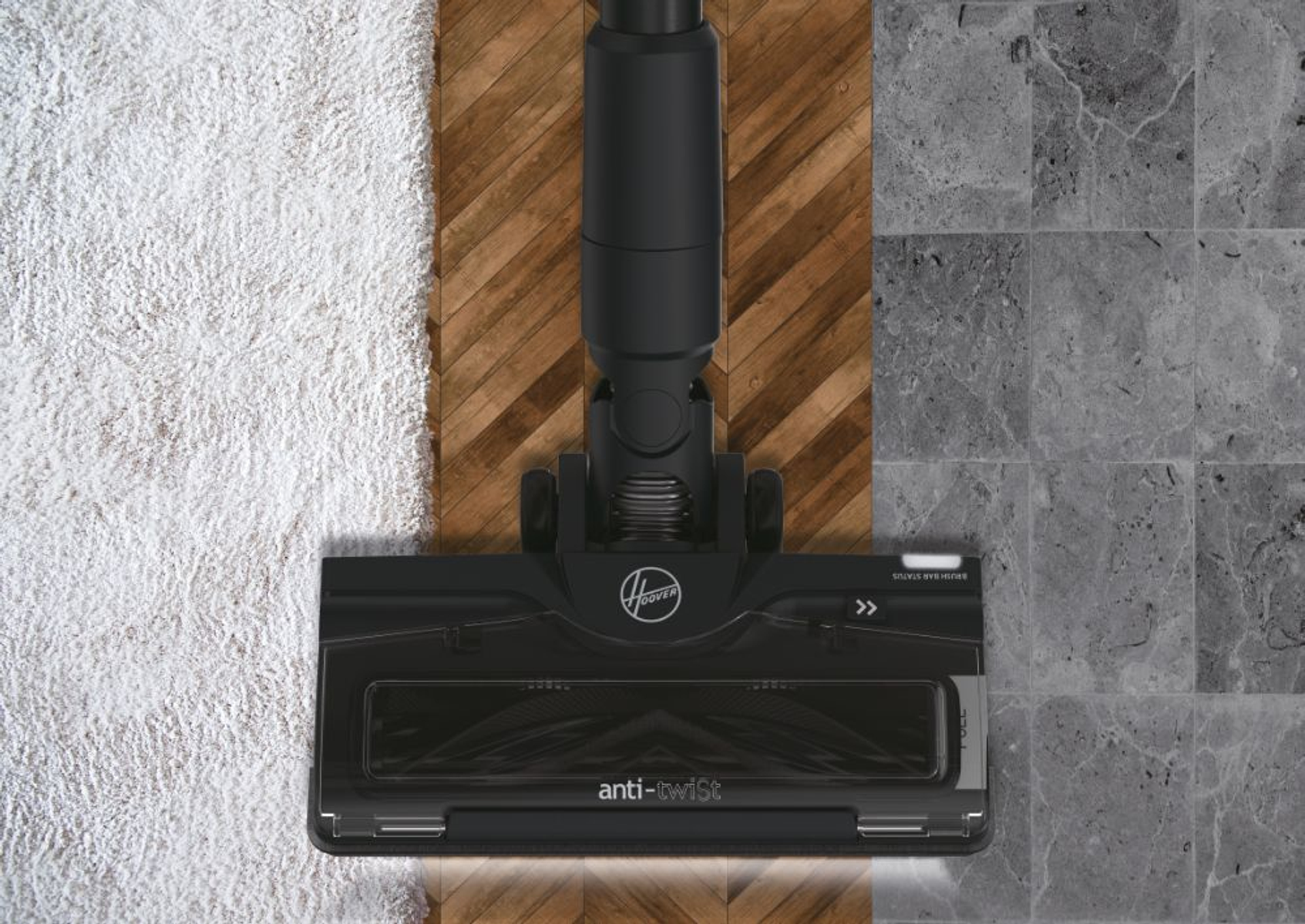 Głowica odkurzacza na dywanie i podłodze z twardego drewna z funkcją zapobiegającą skręcaniu.