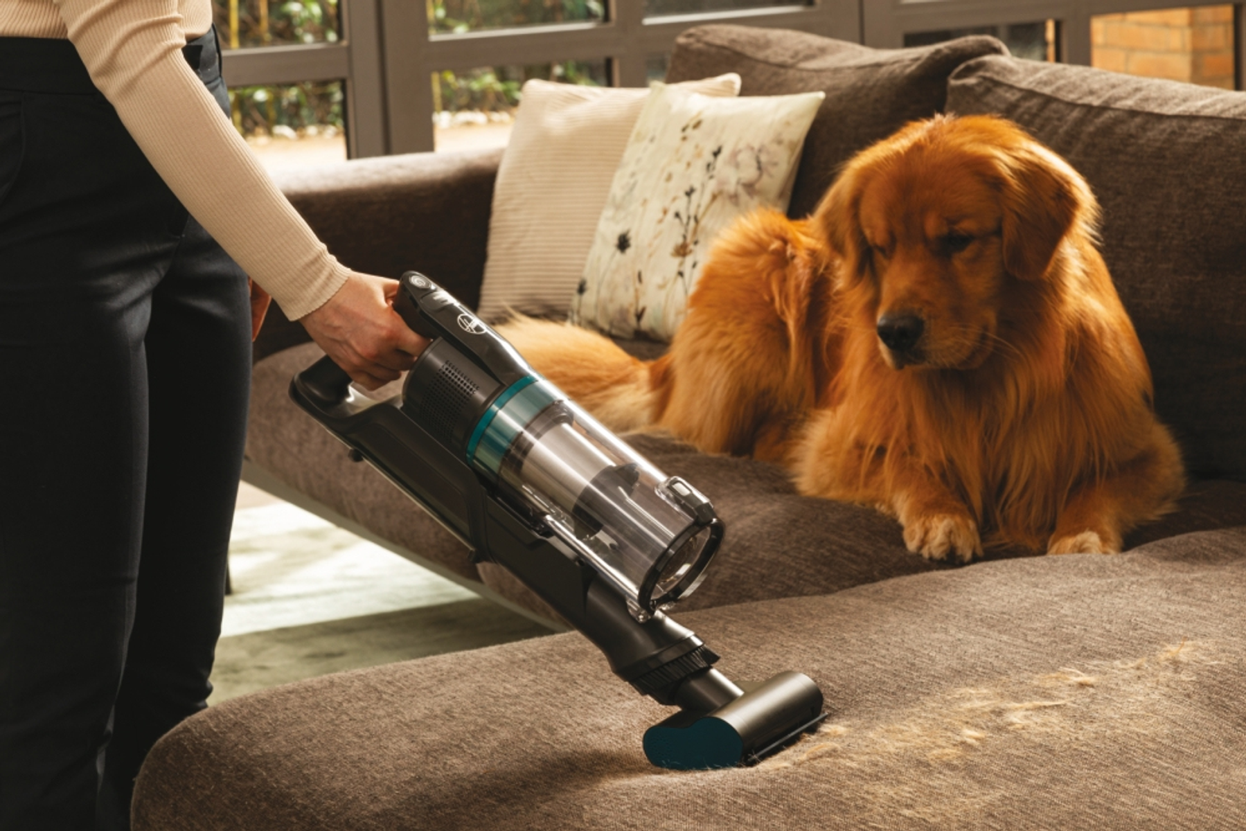 Una persona aspira un sofá con un golden retriever cerca. El sofá es marrón.