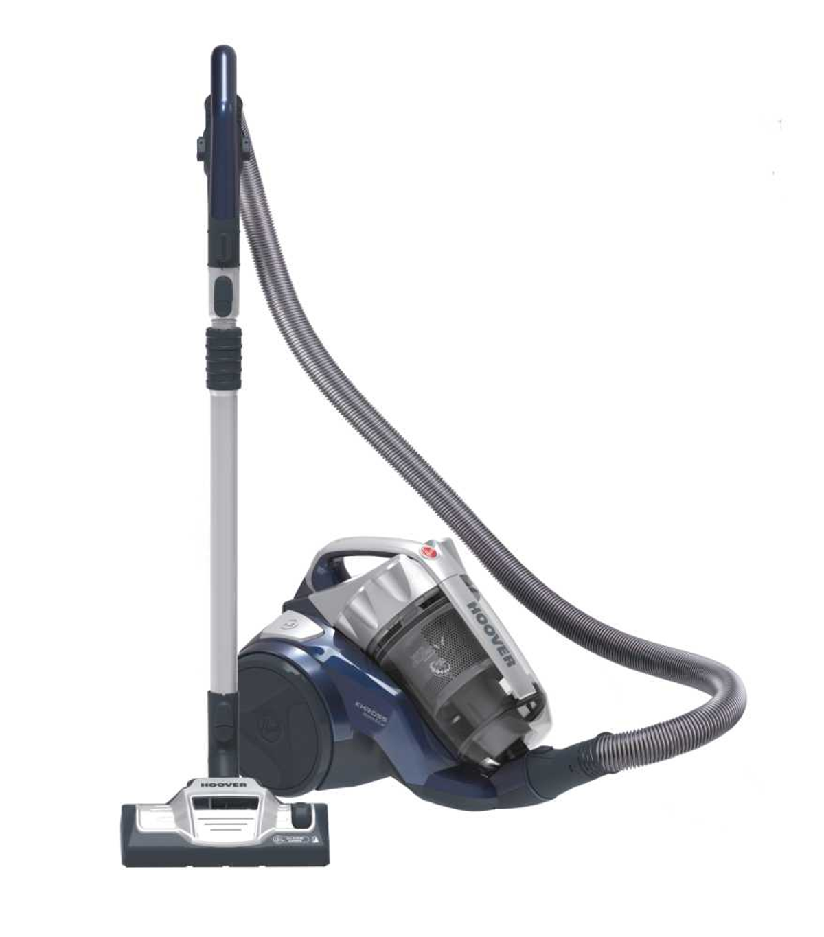 Niebiesko-srebrny odkurzacz z wężem i szczotką, białe tło.