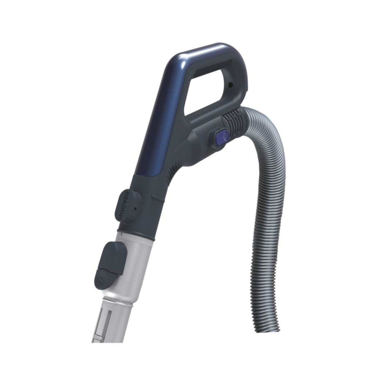 Uchwyt odkurzacza z ciemnoniebieskim uchwytem i szarym wężem, zbliżenie.