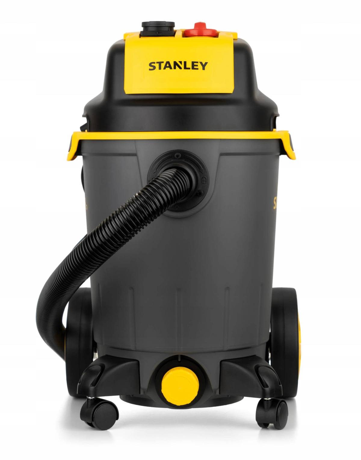 Un aspirapolvere Stanley nero e giallo con tubo e ruote, su sfondo bianco.