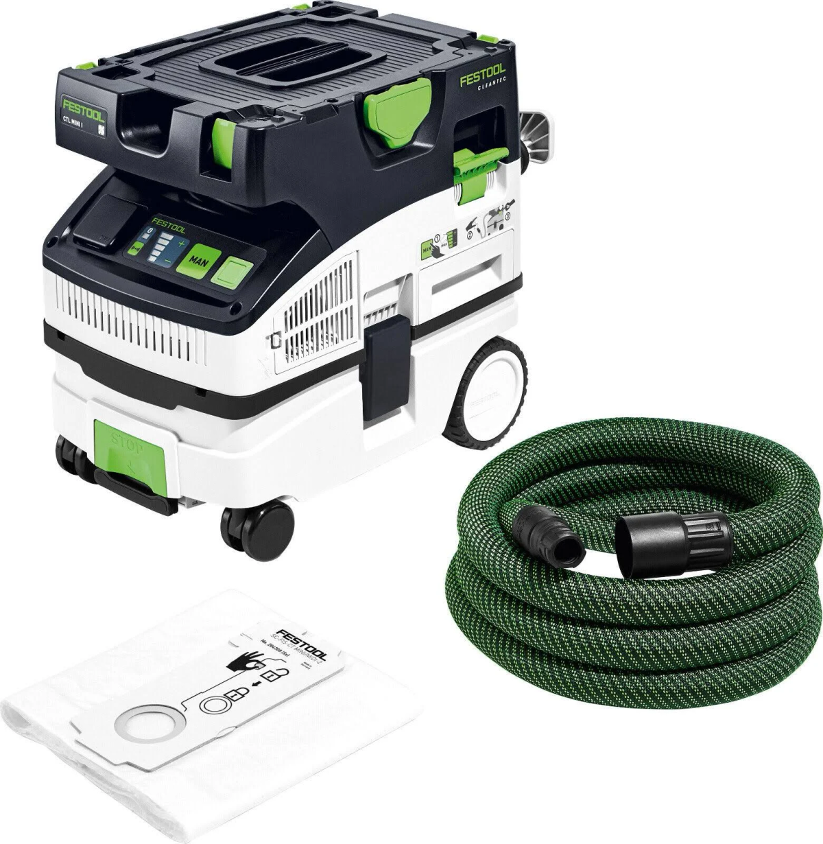 Aspirapolvere bianco e nero. Tubo e accessori verdi. Marchio Festool.