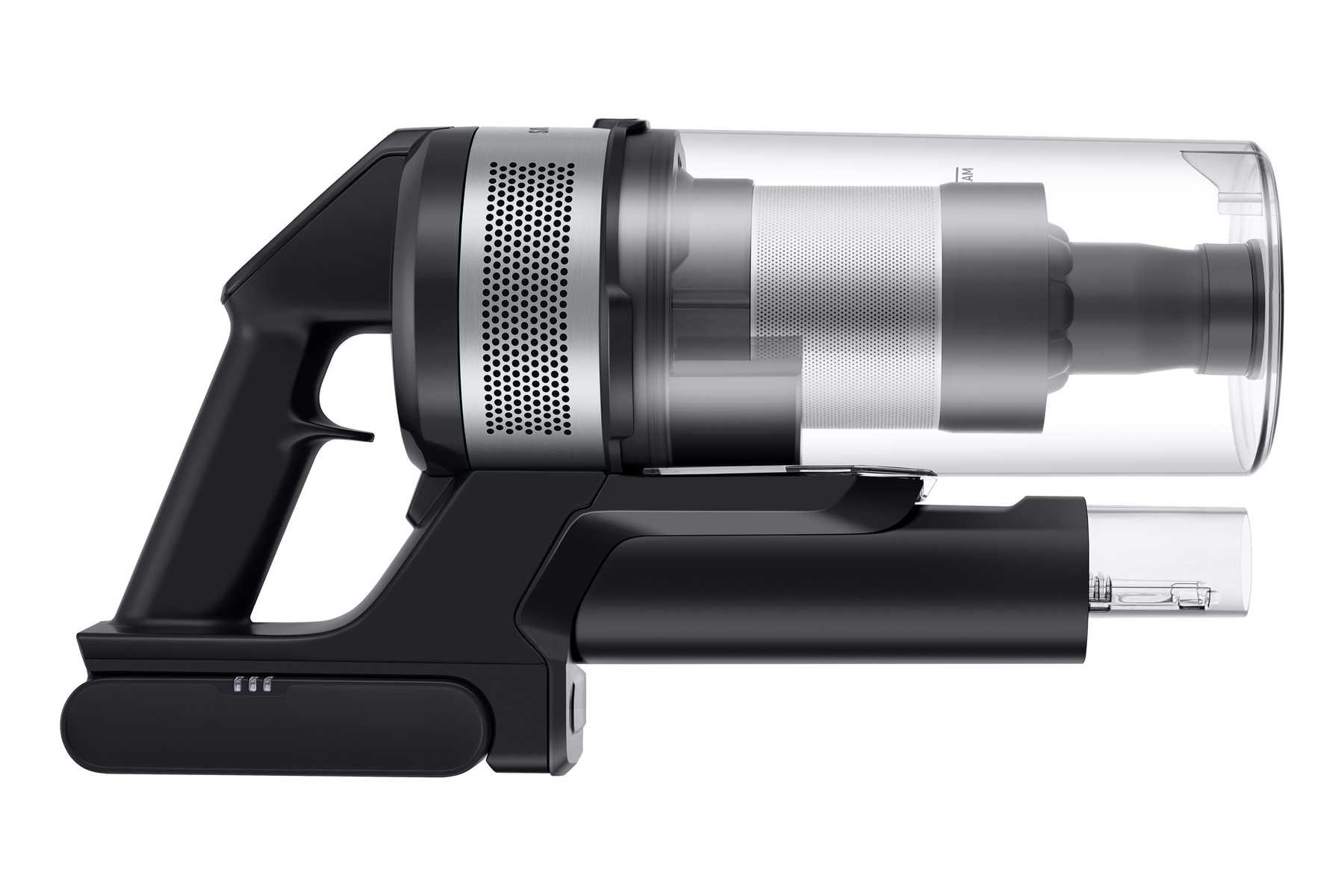 Czarny odkurzacz bezprzewodowy z przezroczystym pojemnikiem na kurz. Metaliczne akcenty i bateria.