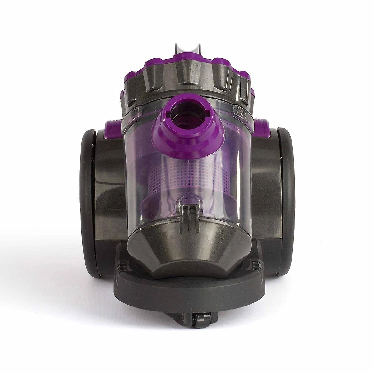 Nahaufnahme des Staubbehälters eines Dyson-Staubsaugers. Er ist transparent mit lila Akzenten.
