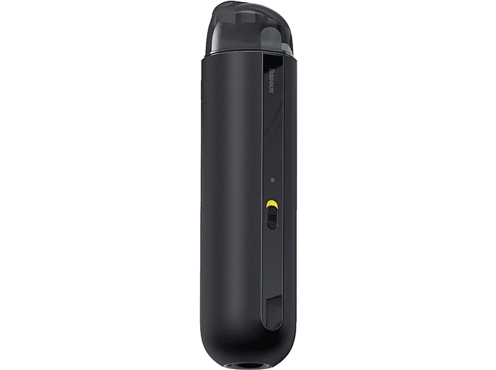 Dispositivo vape Baseus negro sobre fondo negro. Tiene un botón amarillo y una pequeña pantalla.