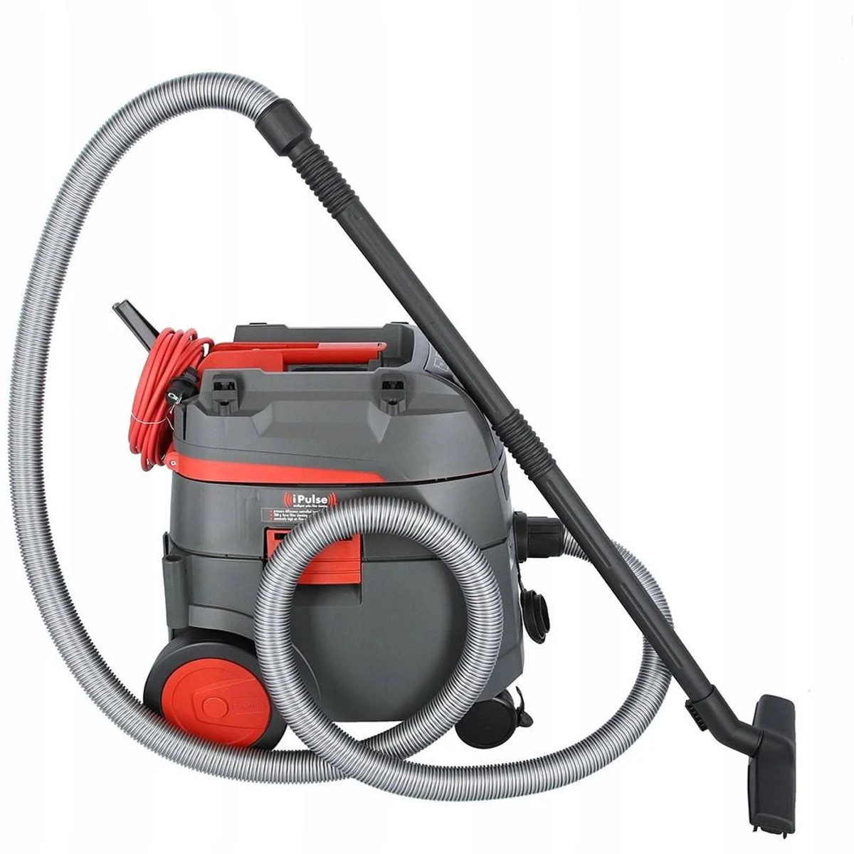 Aspiradora para líquidos y sólidos, con manguera y cable de alimentación rojo.
