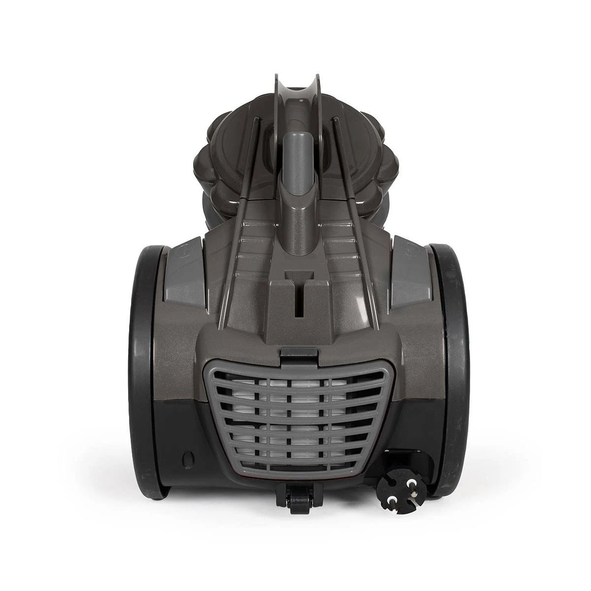 A dark gray vacuum cleaner, viewed from the rear, with a vent and a plug at the bottom.