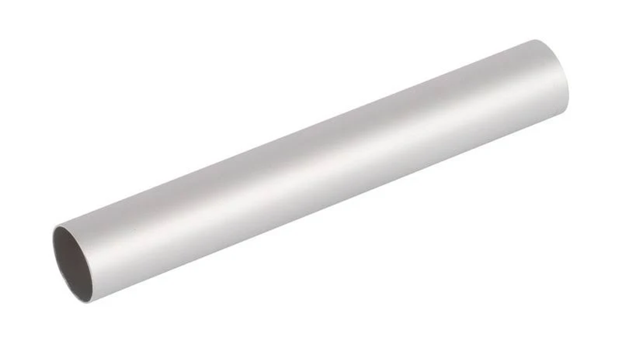 Un tubo di metallo argentato, cilindrico, su sfondo bianco.