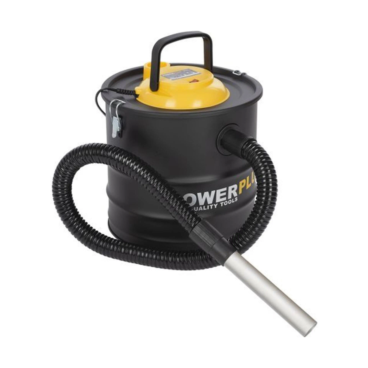Un aspirapolvere nero e giallo. Ha un tubo e un coperchio giallo. L'etichetta dice POWERPLU.