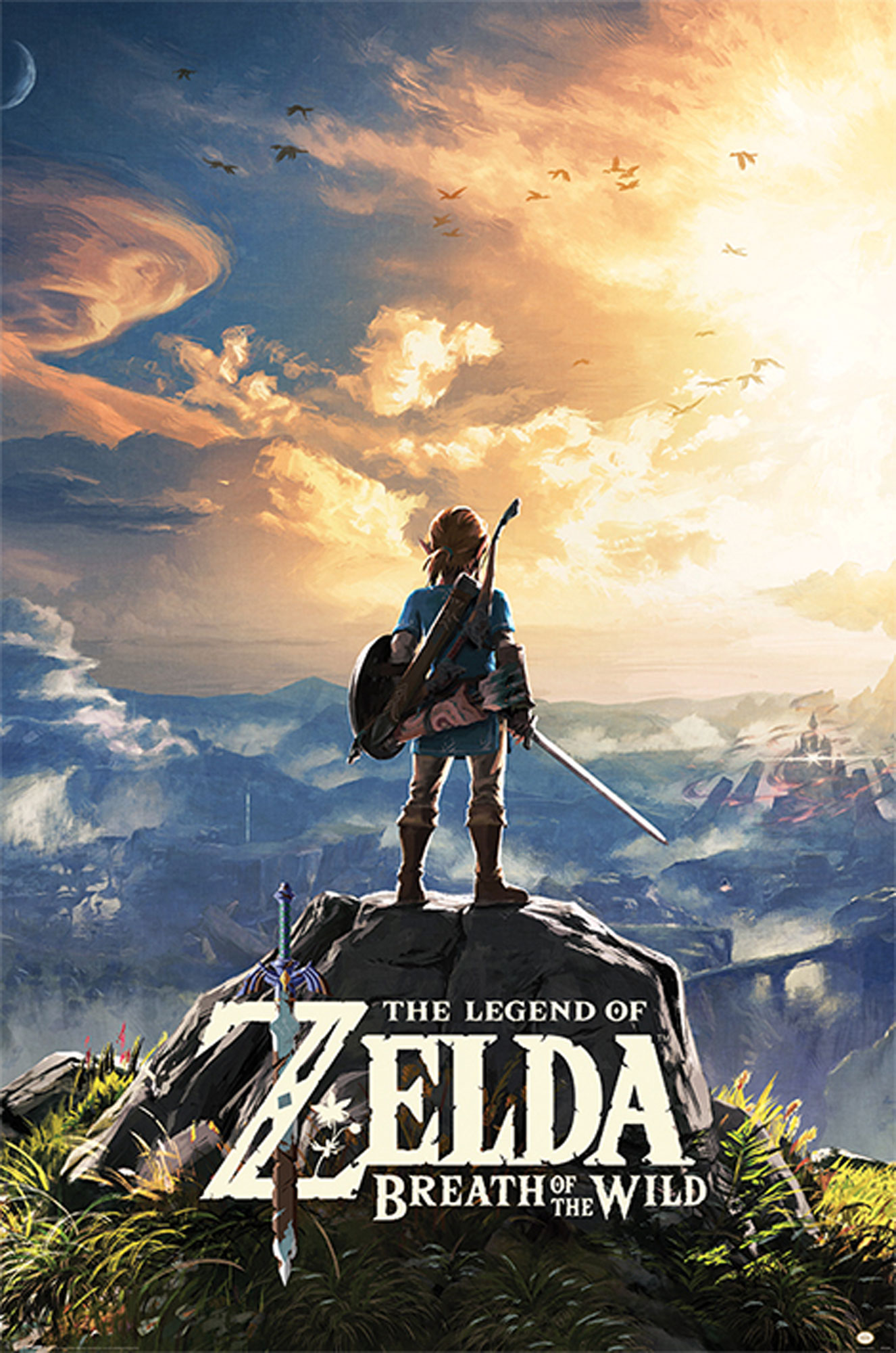 Das Legend of Zelda: Breath of the Wild-Poster. Ein Krieger steht auf einem Berg, mit Schwert und Bogen.