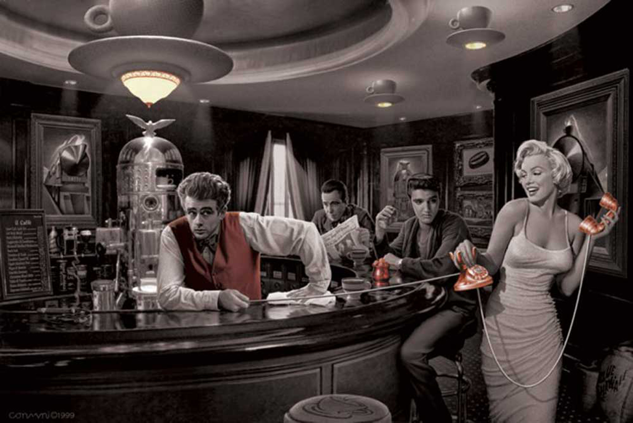 Ein künstlerisches Schwarz-Weiß-Foto einer Cafészene mit berühmten Persönlichkeiten wie Marilyn Monroe und Elvis.