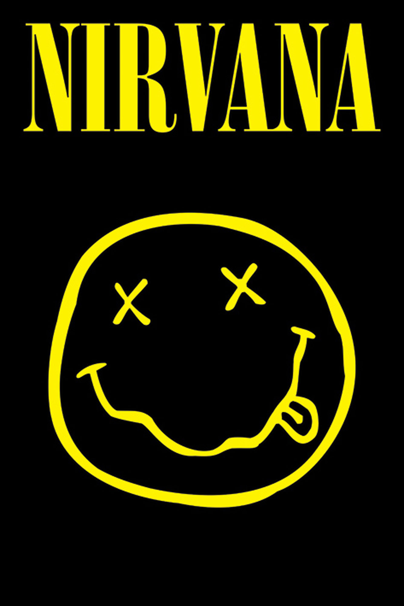 Nirvana-Logo: gelbes Smiley-Gesicht mit durchkreuzten Augen und Zunge.