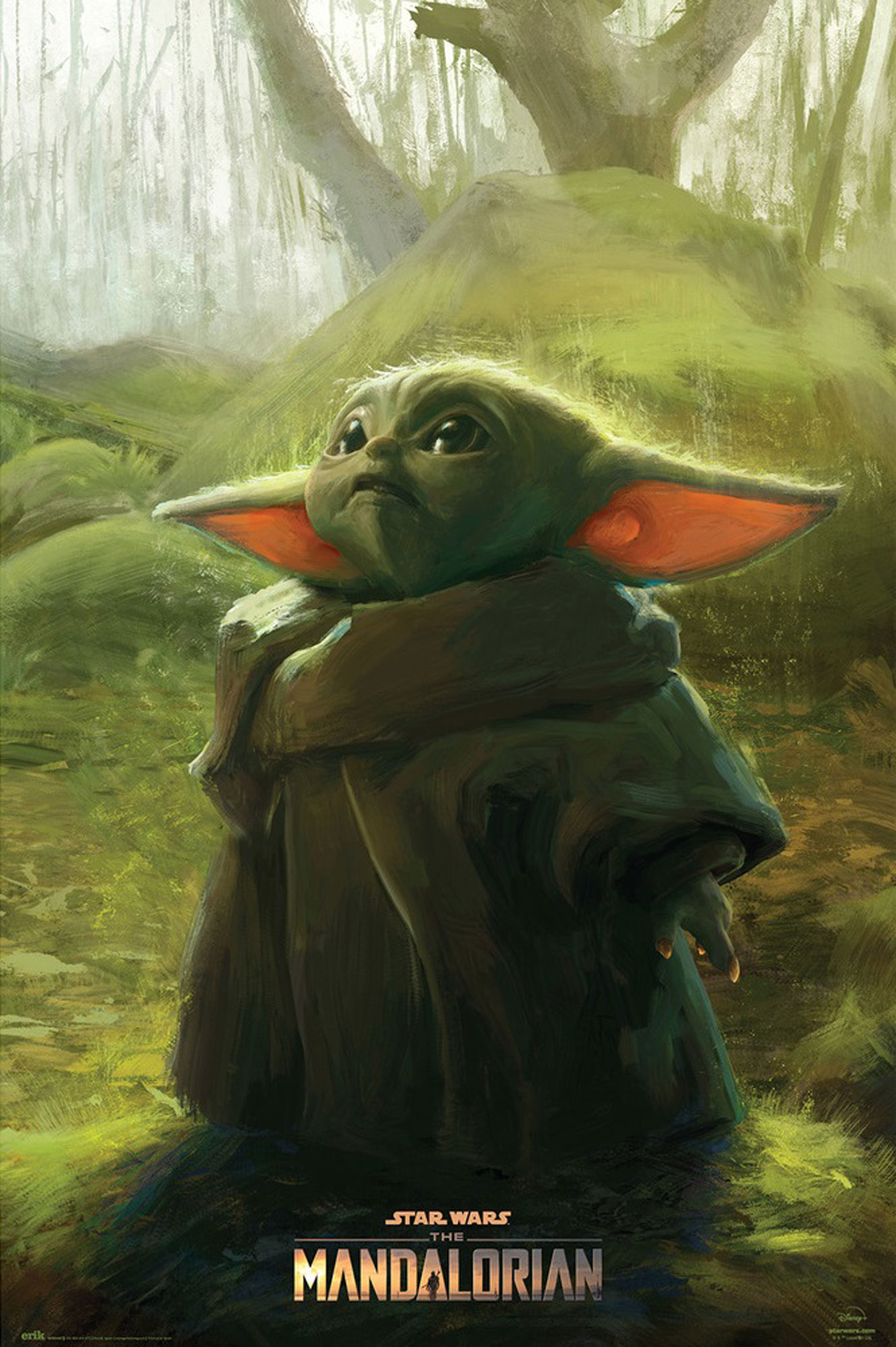 Baby Yoda in einer Waldkulisse, aus der Serie The Mandalorian.