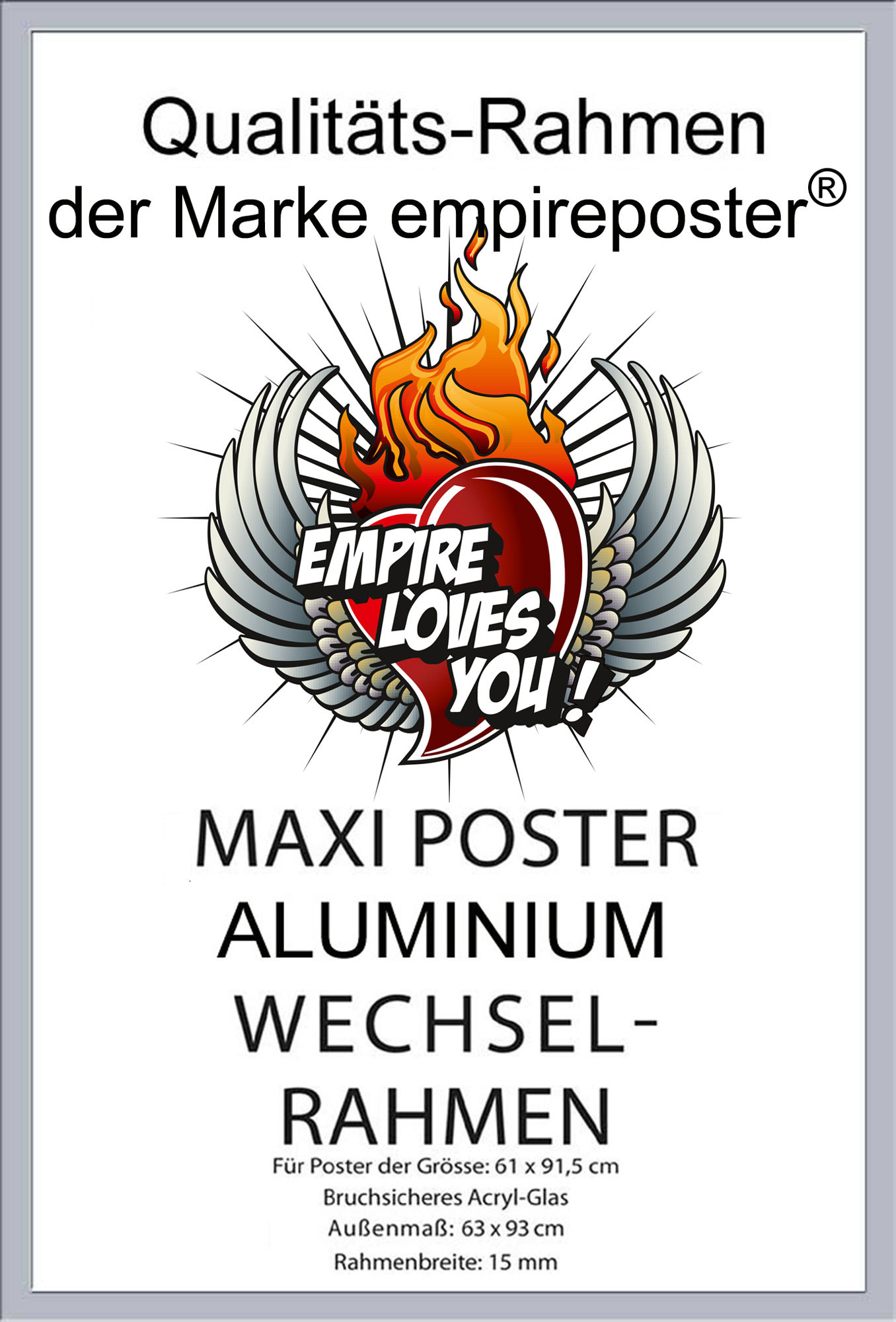 Silberner Rahmen mit Text. Der Text handelt von einem Posterrahmen.
