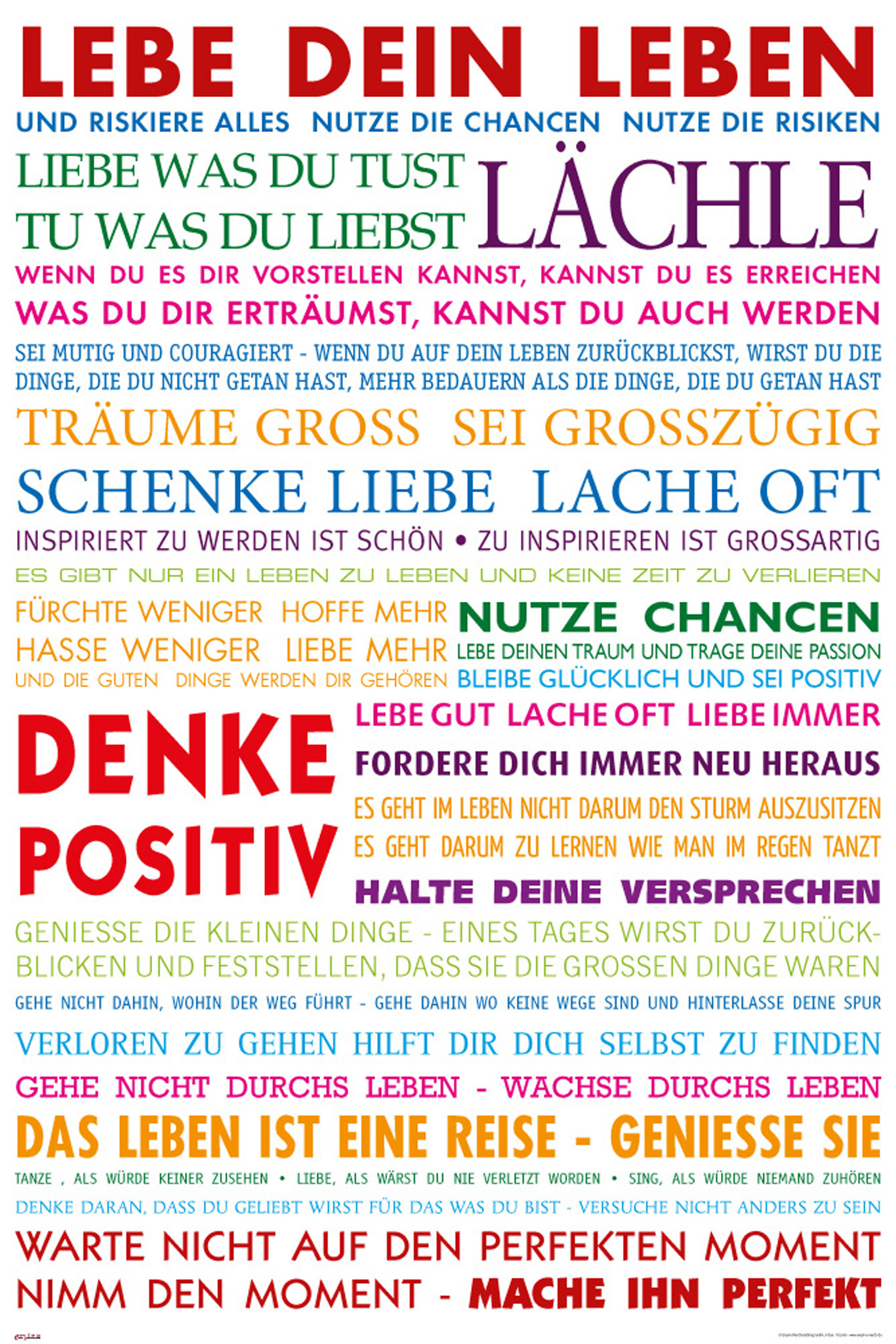 Ein farbenfrohes Poster mit einer motivierenden Botschaft auf Deutsch, mit mehreren Textblöcken.