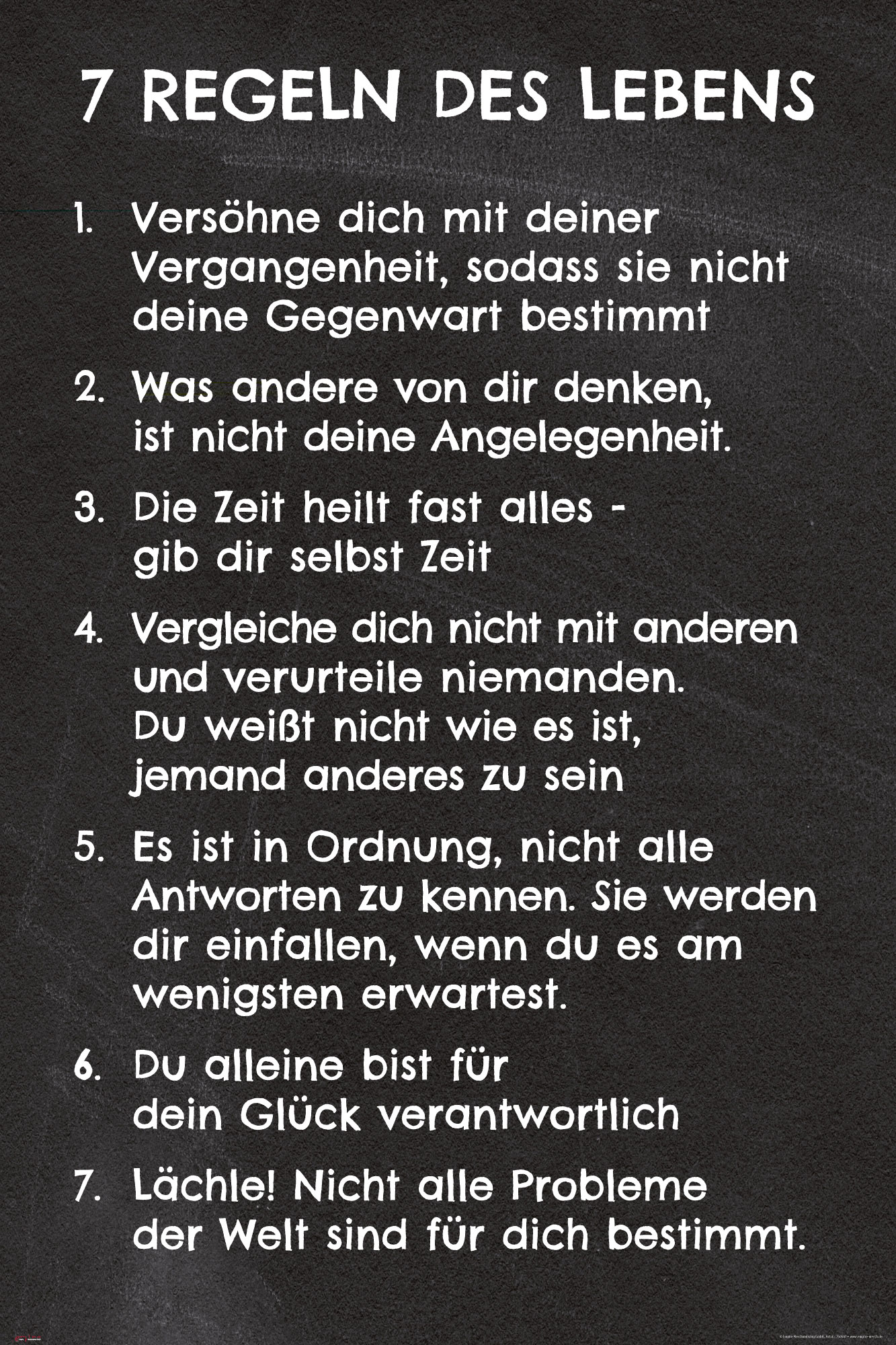 Poster mit deutschem Text, der 7 Lebensregeln auf dunklem Hintergrund in weißer Schrift auflistet.