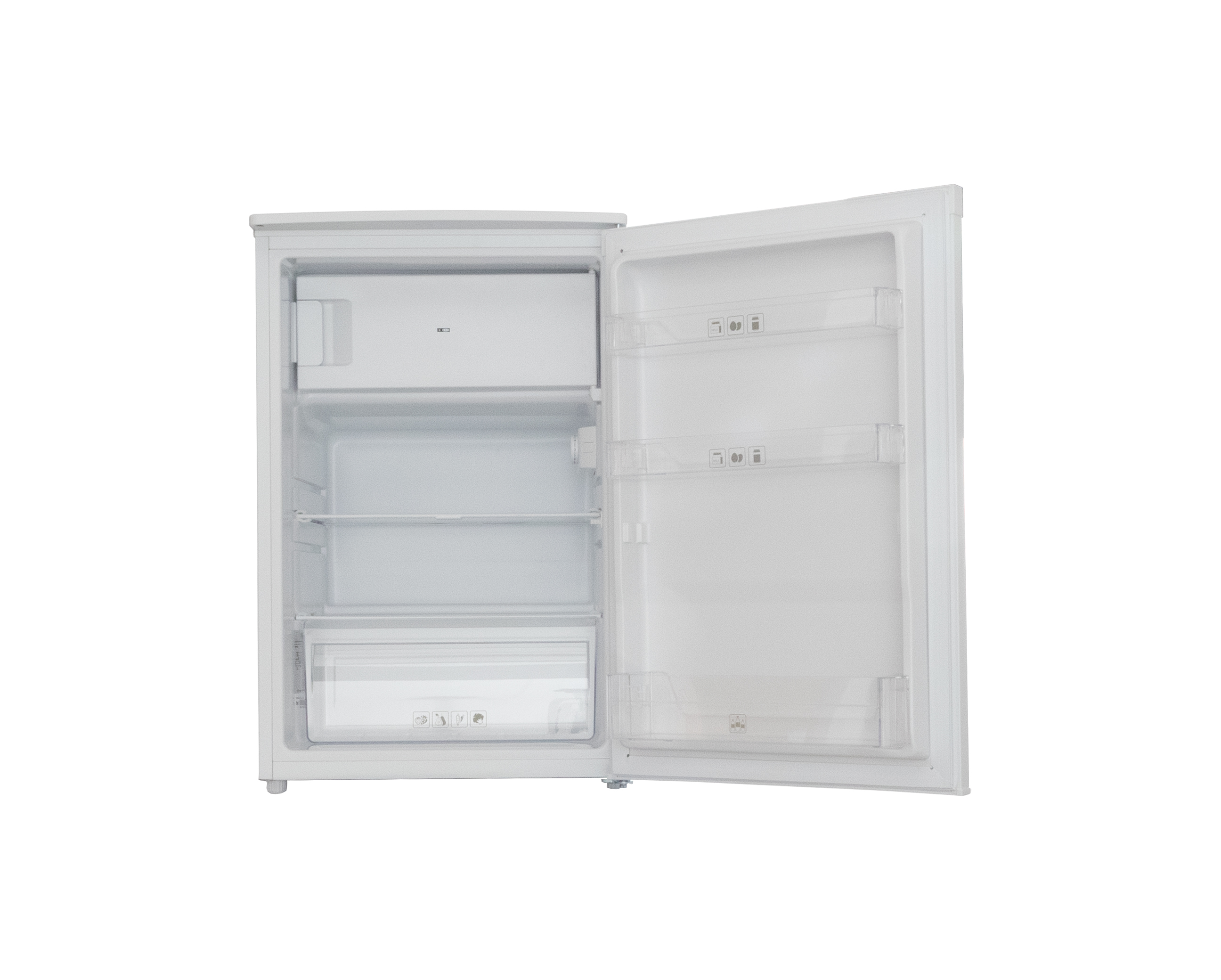 Réfrigérateur blanc avec porte ouverte. L'intérieur montre étagères et tiroirs.