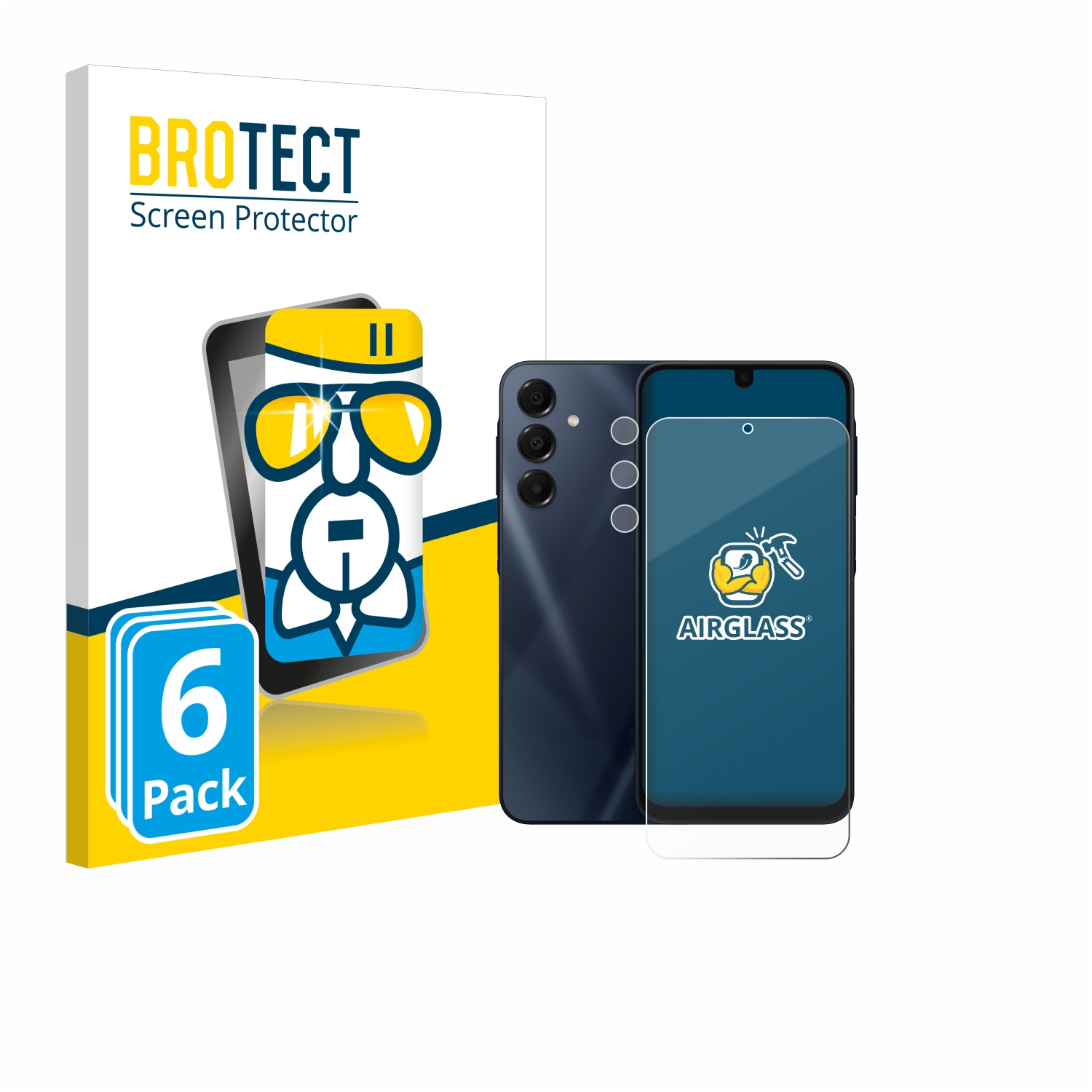 Telefon mit Displayschutzfolie und Box auf weißem Grund, 6er-Pack.