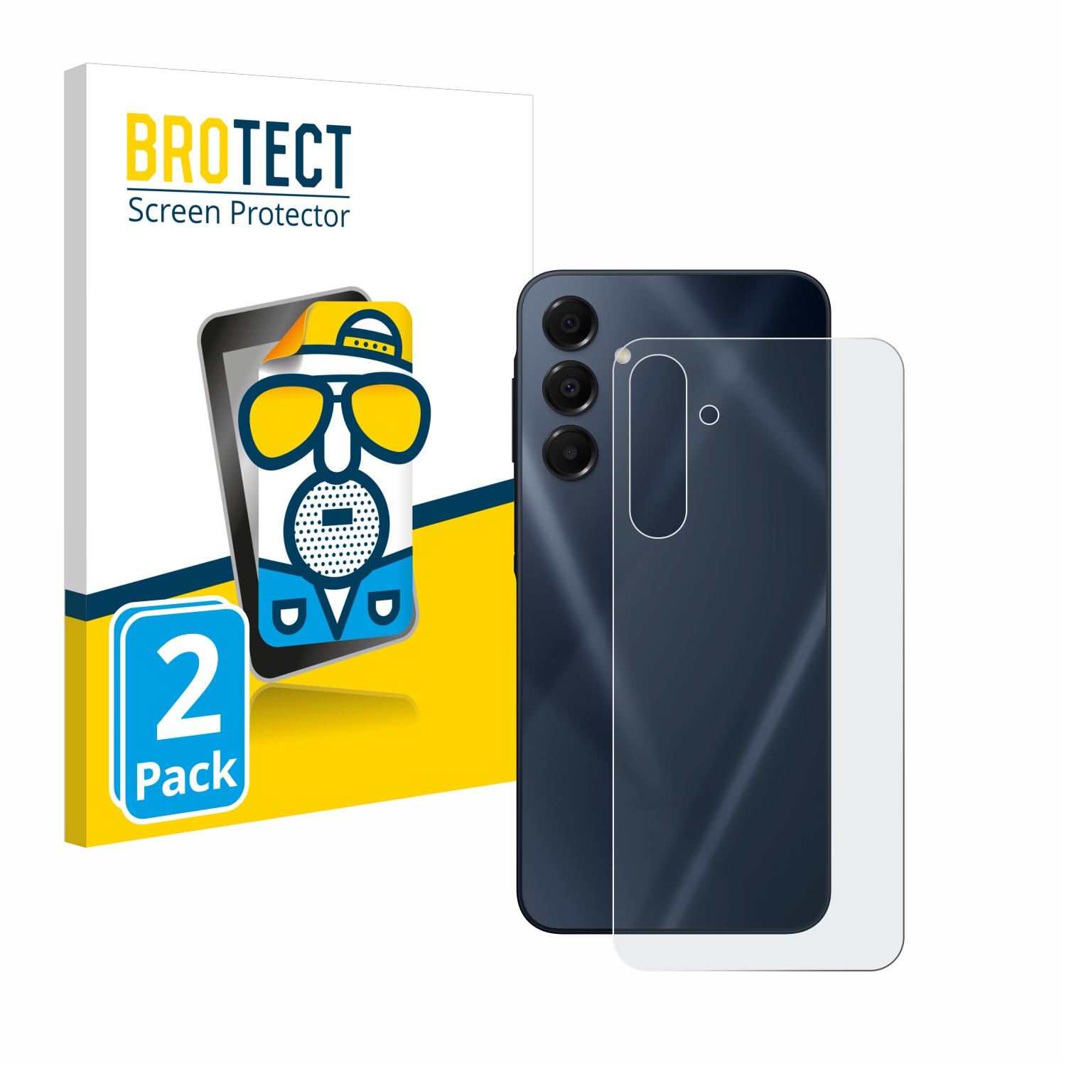 Displayschutzfolien-Kit. Smartphone mit Displayschutzfolie. Box mit 2er-Pack-Etikett. Weißer Hintergrund.