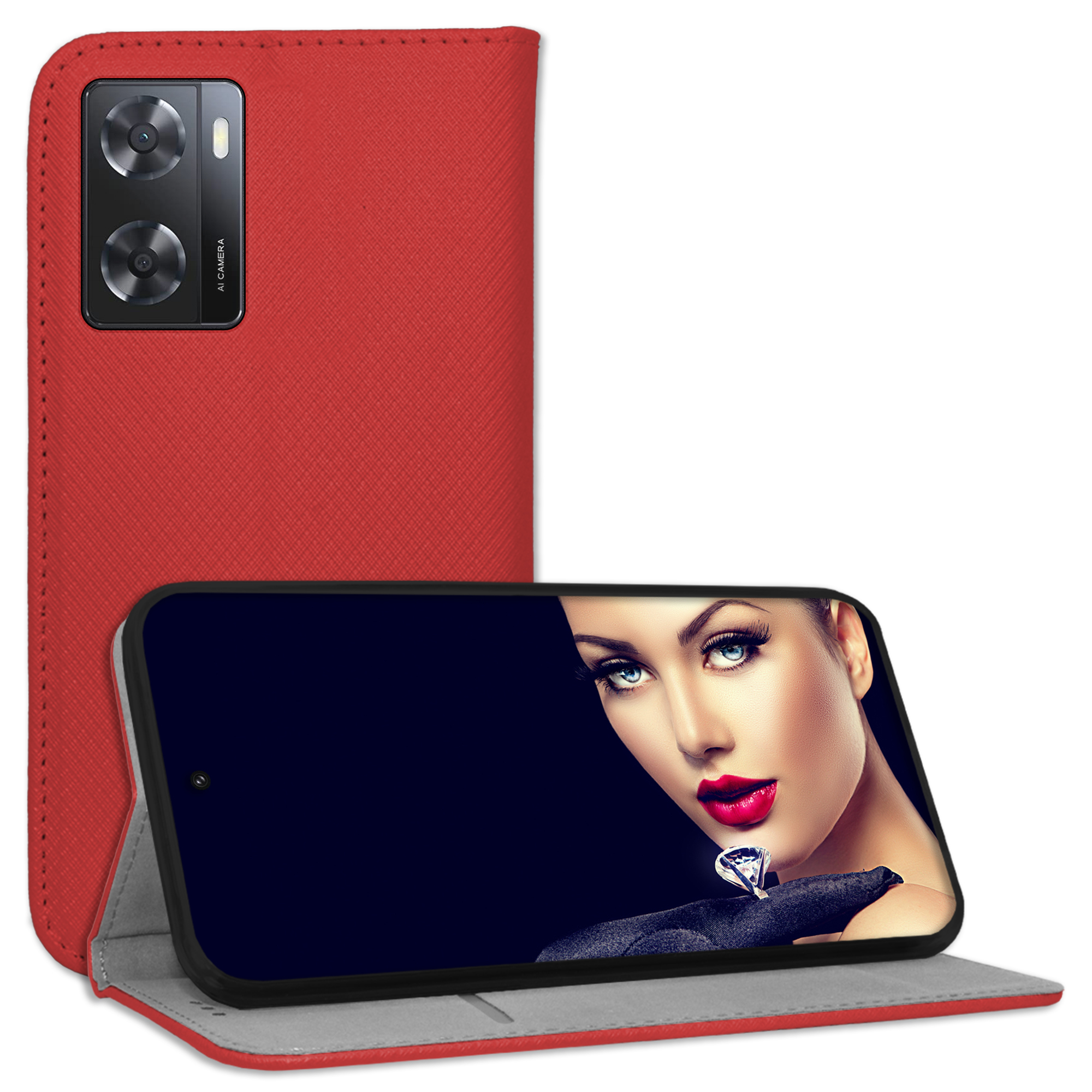 Rote Handyhülle mit einem Telefon, das eine Frau mit roten Lippen und einem Diamantring zeigt. Weißer Hintergrund.