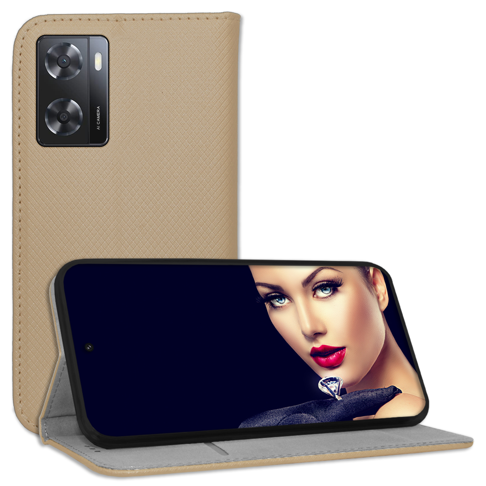 Ein Telefon in einer Hülle mit dem Gesicht einer Frau auf dem Bildschirm, beige Hülle. Das Telefon ist offen.