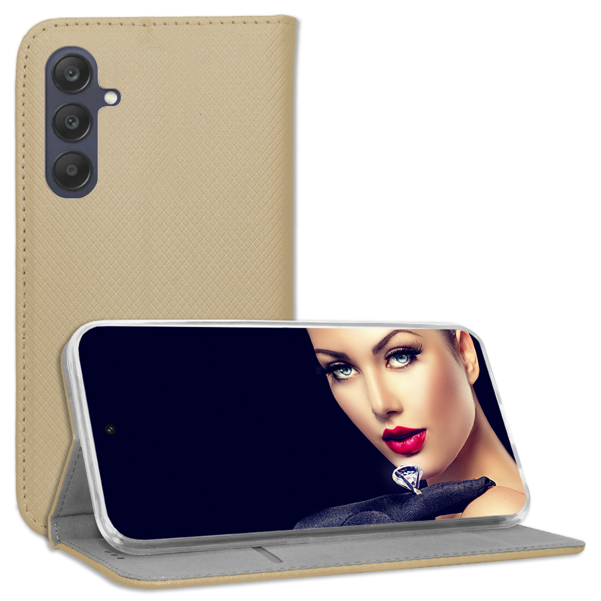 Telefon in einer Hülle, Bild einer Frau auf dem Bildschirm, Hülle ist beige.