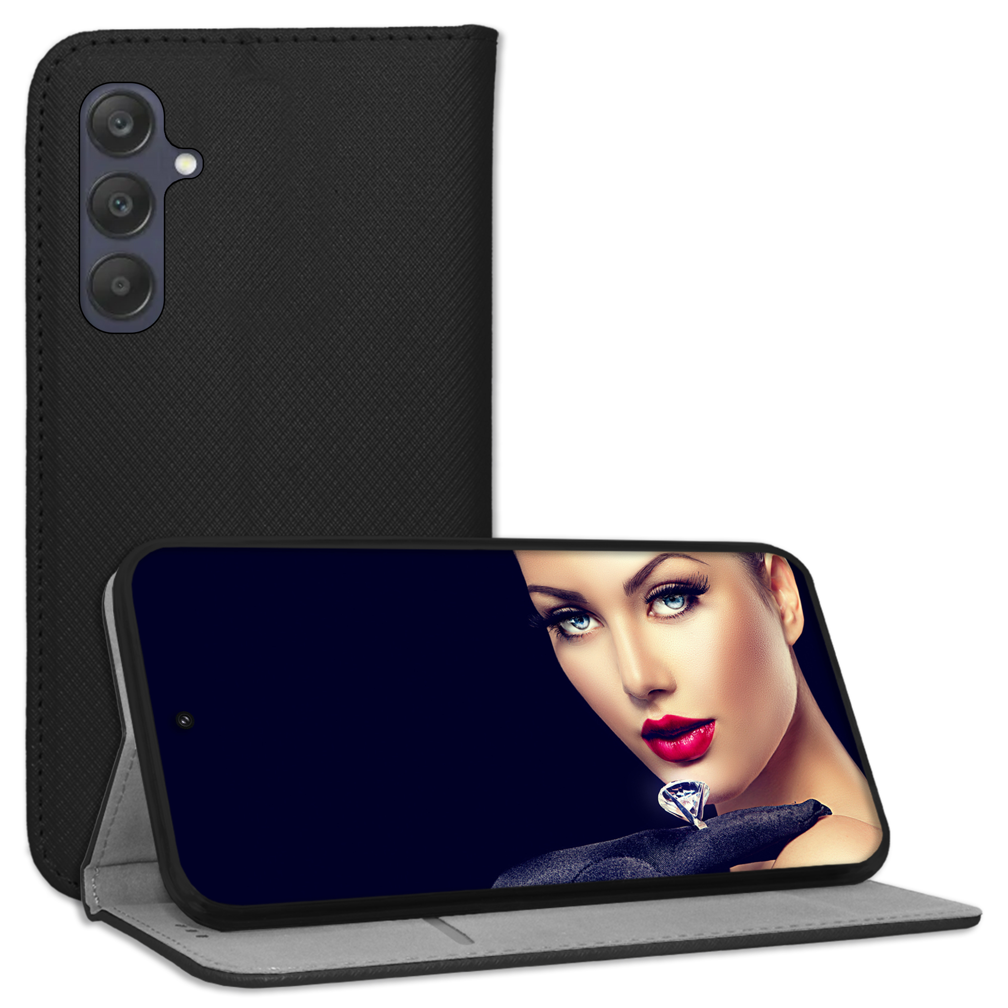 Schwarze Handyhülle mit einem Telefon, das eine Frau mit rotem Lippenstift und einem Diamantring zeigt.