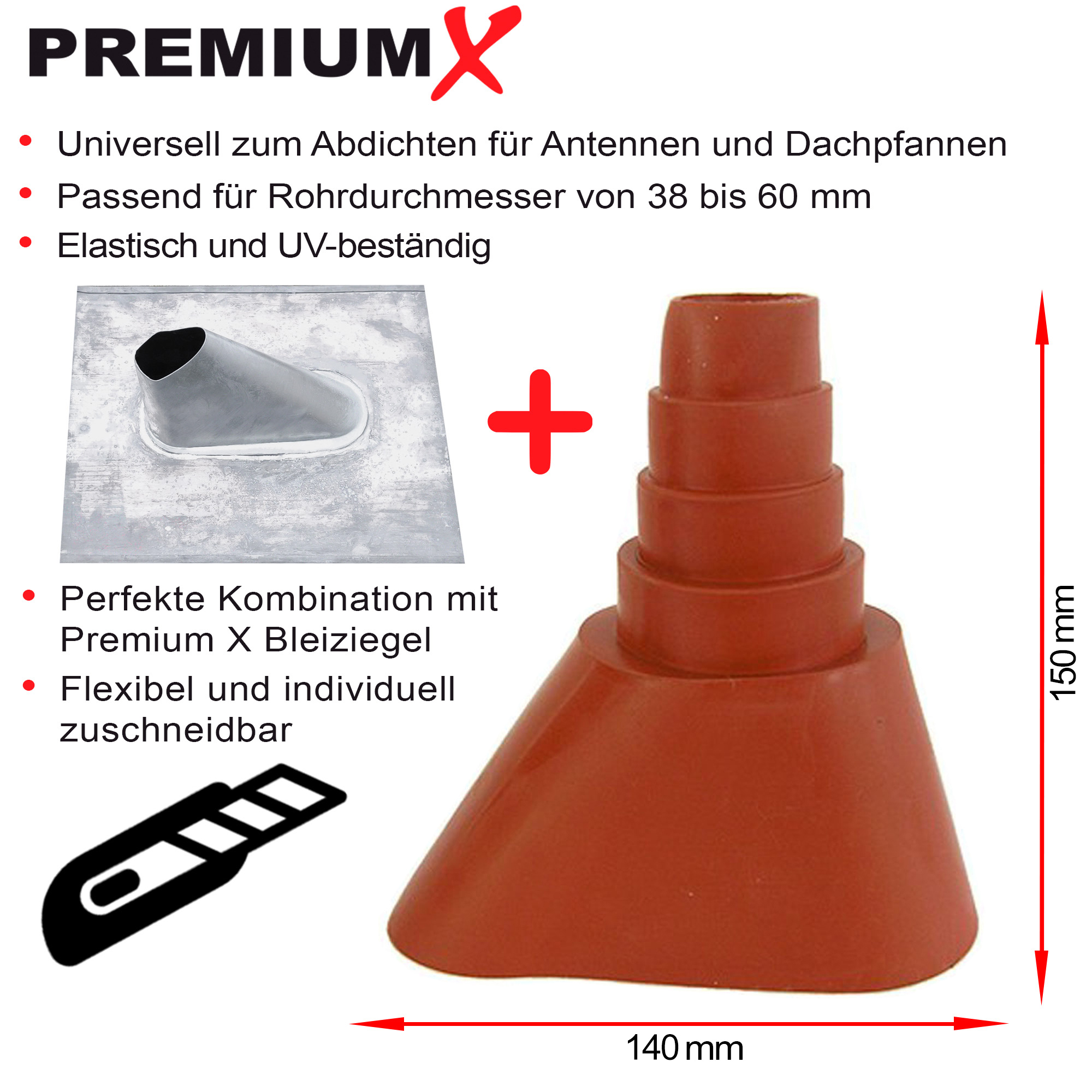 Rote Dachkomponenten mit einer Diagramm einer Schneidemaschine und Abmessungen.