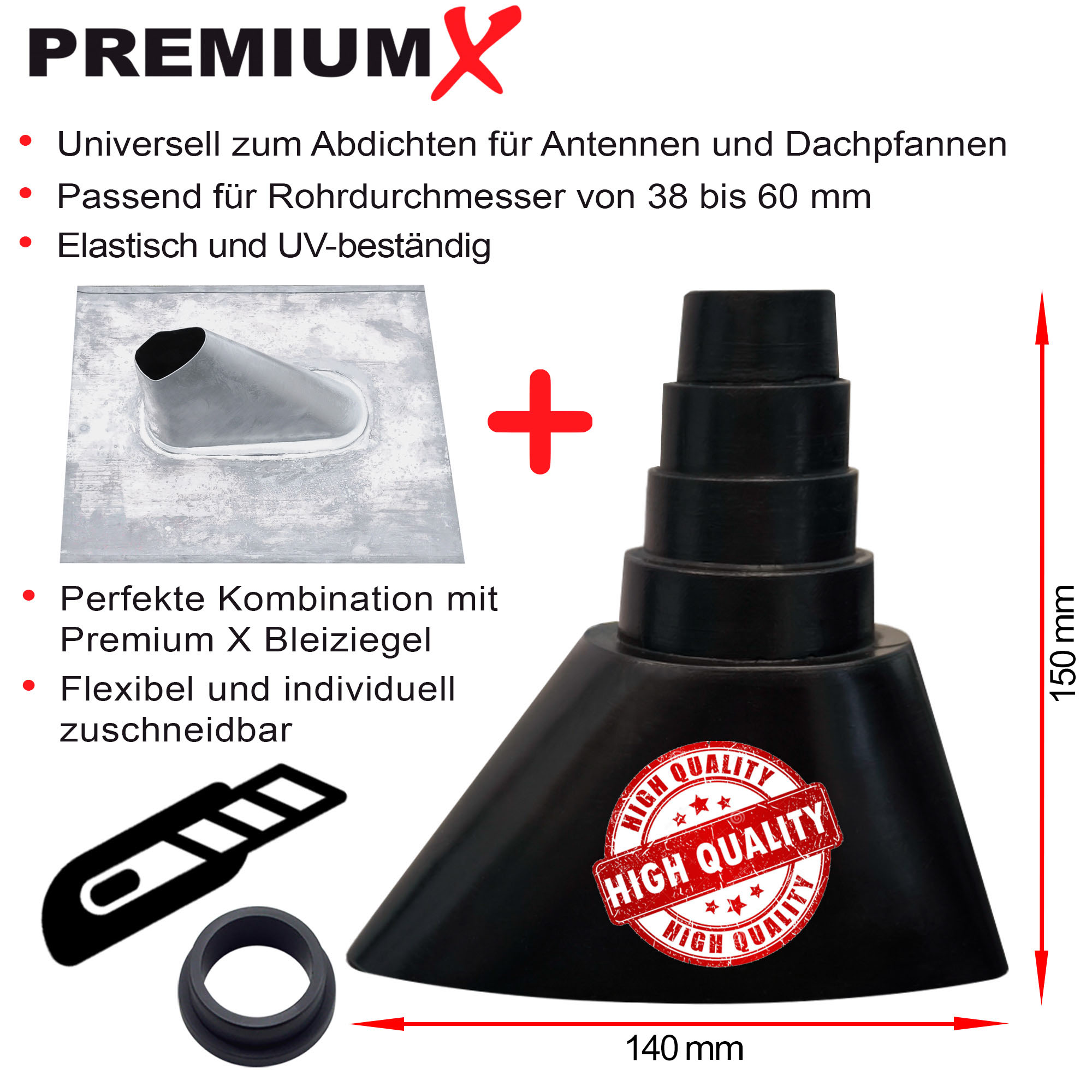 Schwarzes, kegelförmiges Dachelement mit Maßen und einer Gummidichtung, plus Schneidwerkzeug und schwarzem Ring.