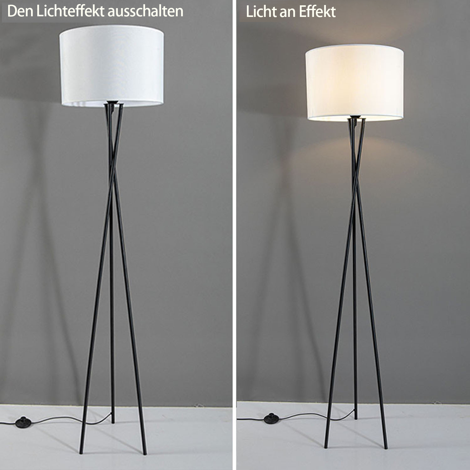 Zwei Bilder einer Stehlampe. Links ist sie aus, rechts ist sie an und zeigt den Lichteffekt.