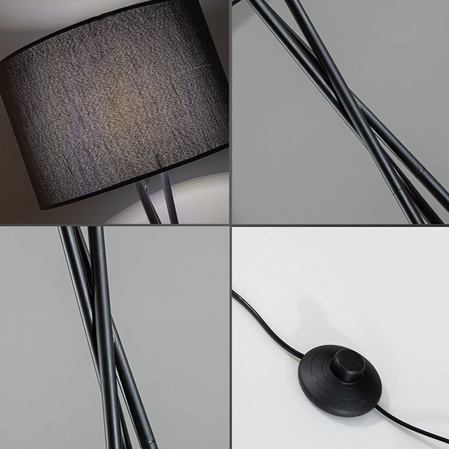 Schwarze Stehlampe mit rundem Schirm. Die Lampe hat mehrere schwarze Stangen und einen Fußschalter.