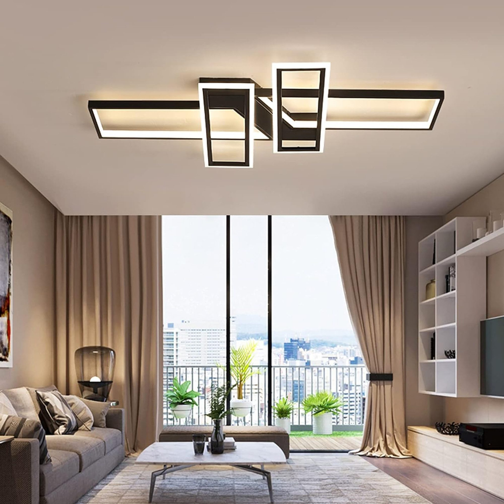 Moderne Deckenleuchte mit Wohnzimmerhintergrund mit Fenster und Couch.