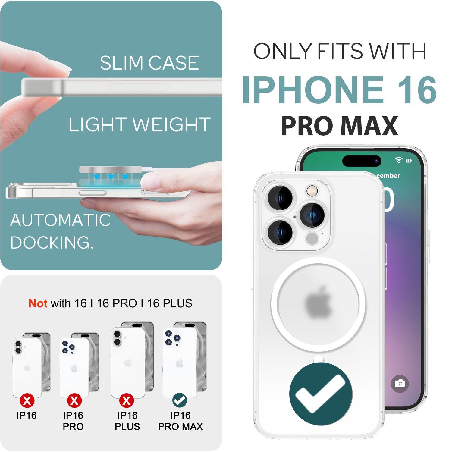 Viene mostrata una custodia per iPhone 16 Pro Max, con dettagli su design sottile, aggancio automatico e compatibilità.