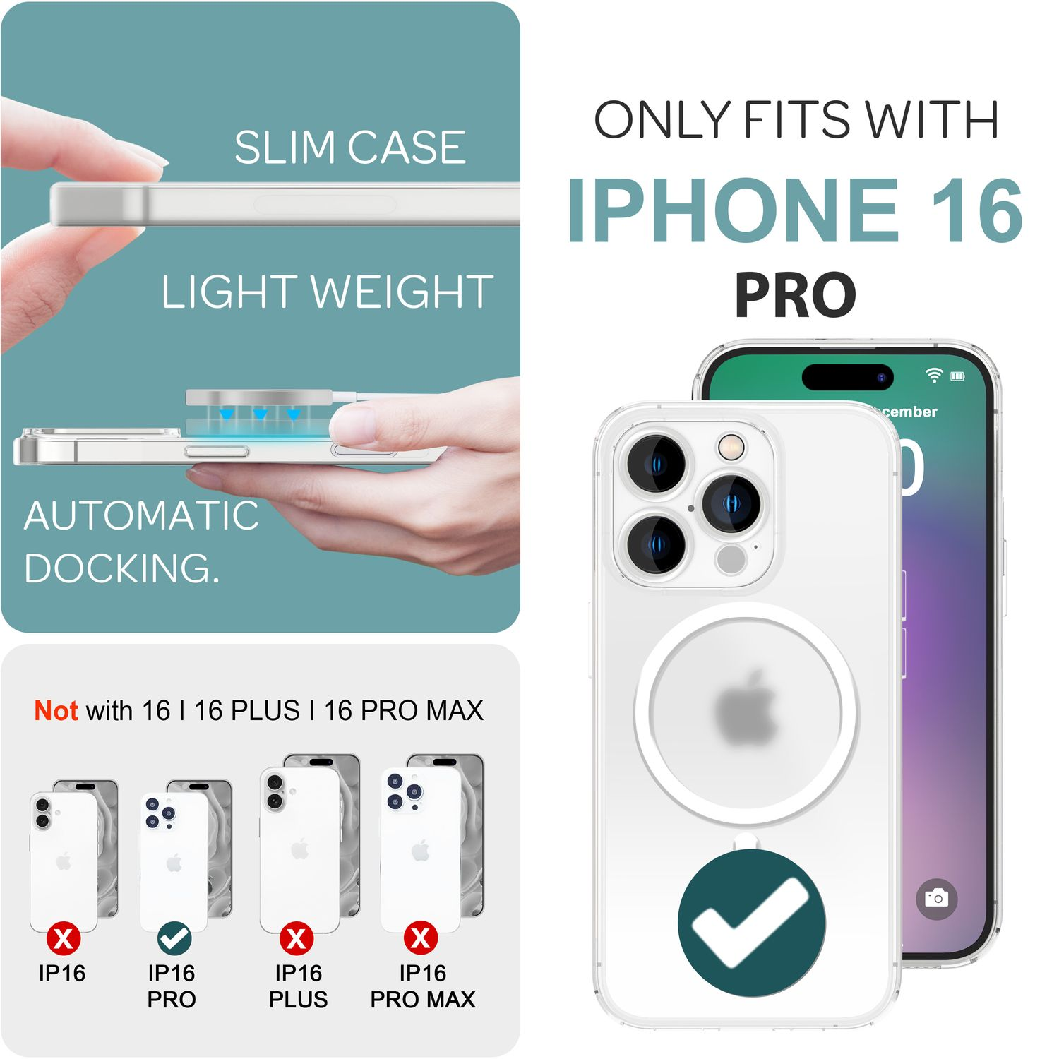 Custodia per telefono con iPhone 16 Pro. Custodia sottile con aggancio automatico. Non per 16, 16 Plus o 16 Pro Max.