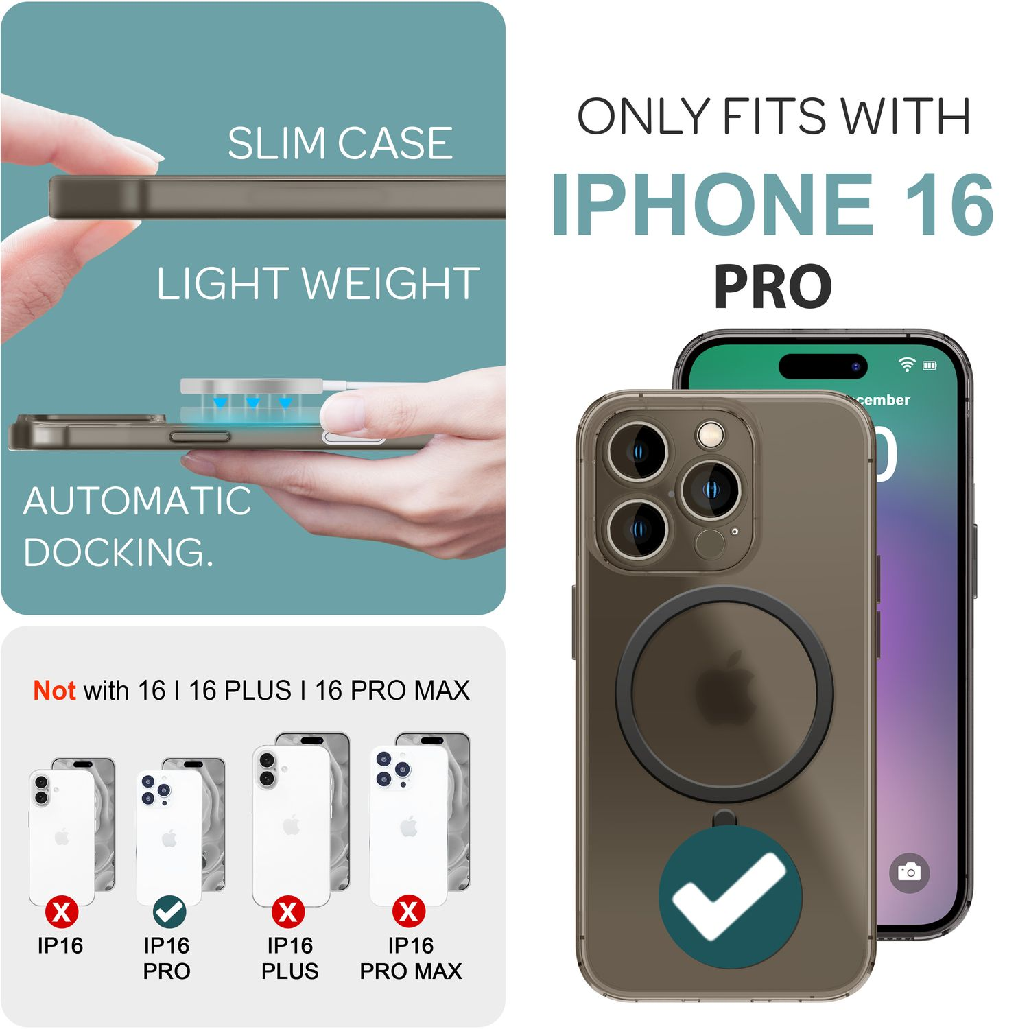 Una custodia per iPhone 16 Pro, con il modello iPhone 16 Pro. La custodia è marrone.