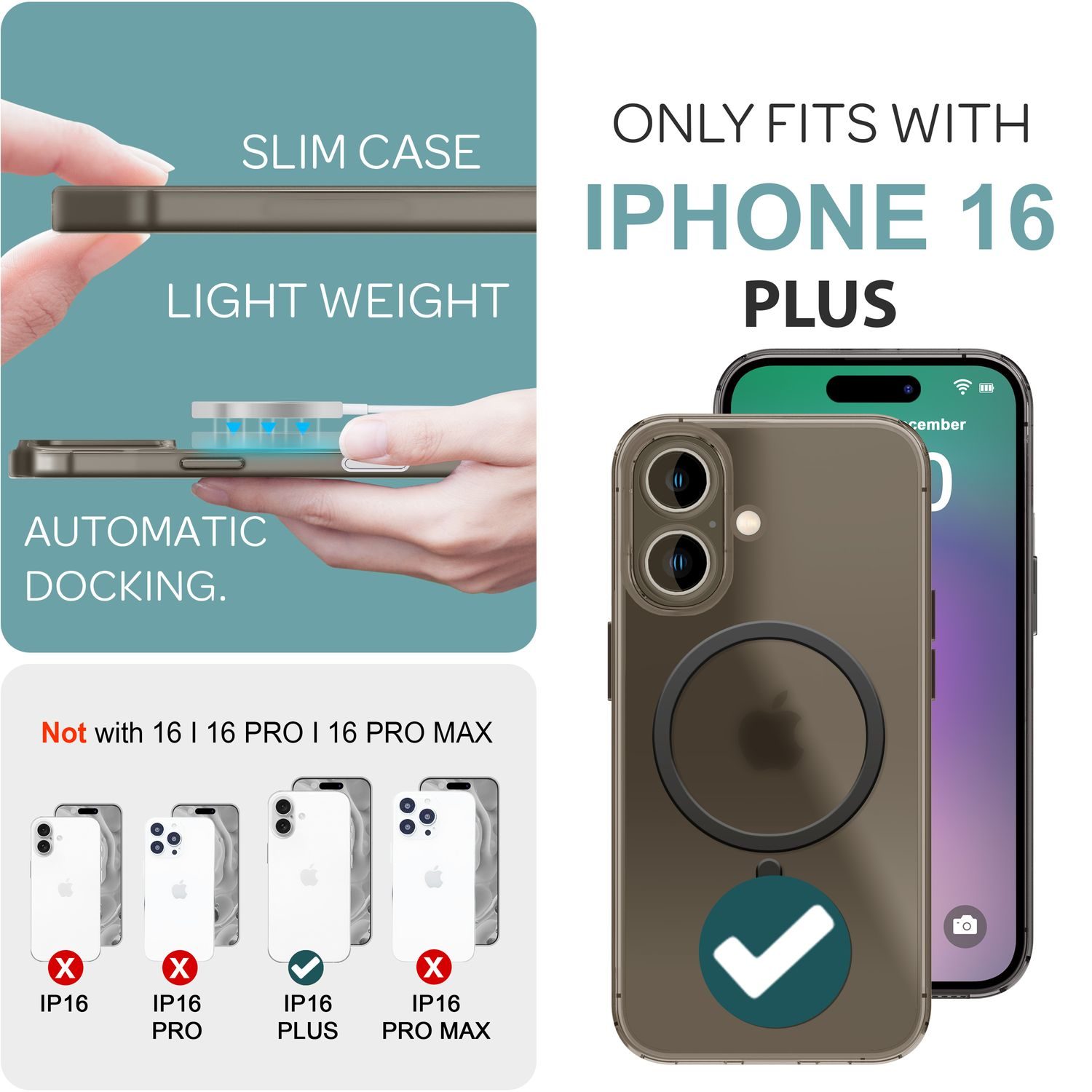 Eine iPhone-Hülle mit einem Telefon darin. Text zeigt an, dass es nur für das iPhone 16 Plus passt.