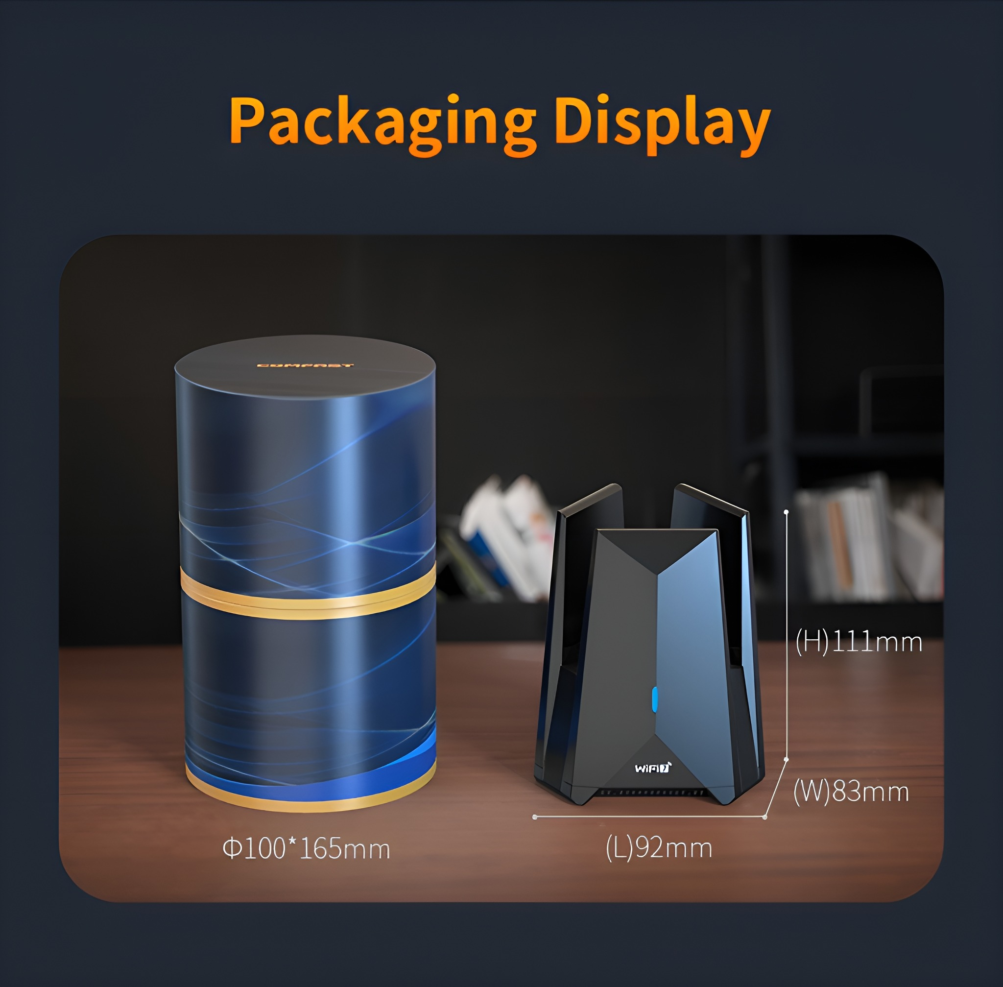 Verpackungspräsentation. Zylindrische Box und schwarzer Router mit Maßen auf dem Tisch.