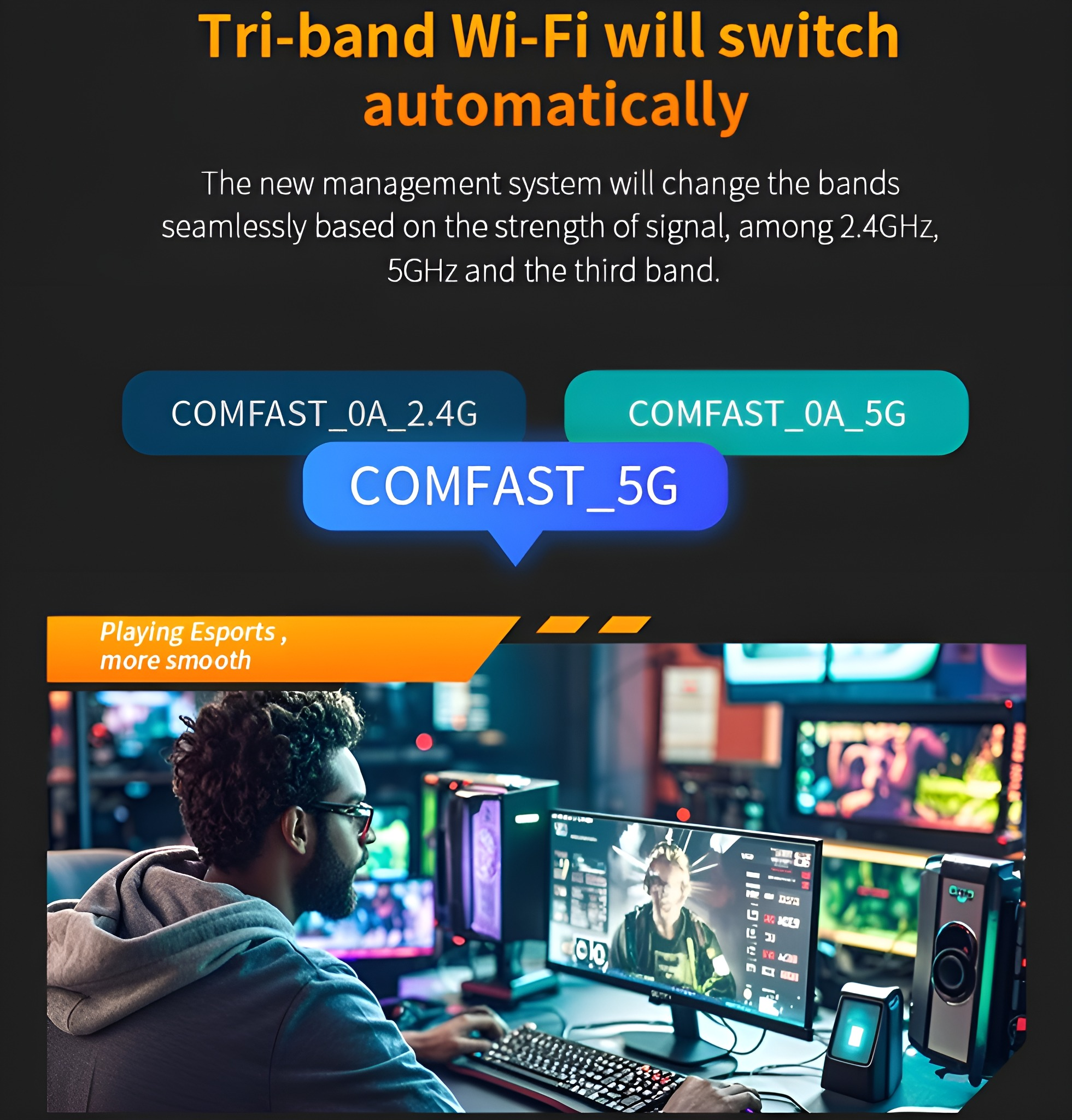 Mann am Computer in einem Gaming-Setup. Text: Tri-Band-WLAN schaltet automatisch um.