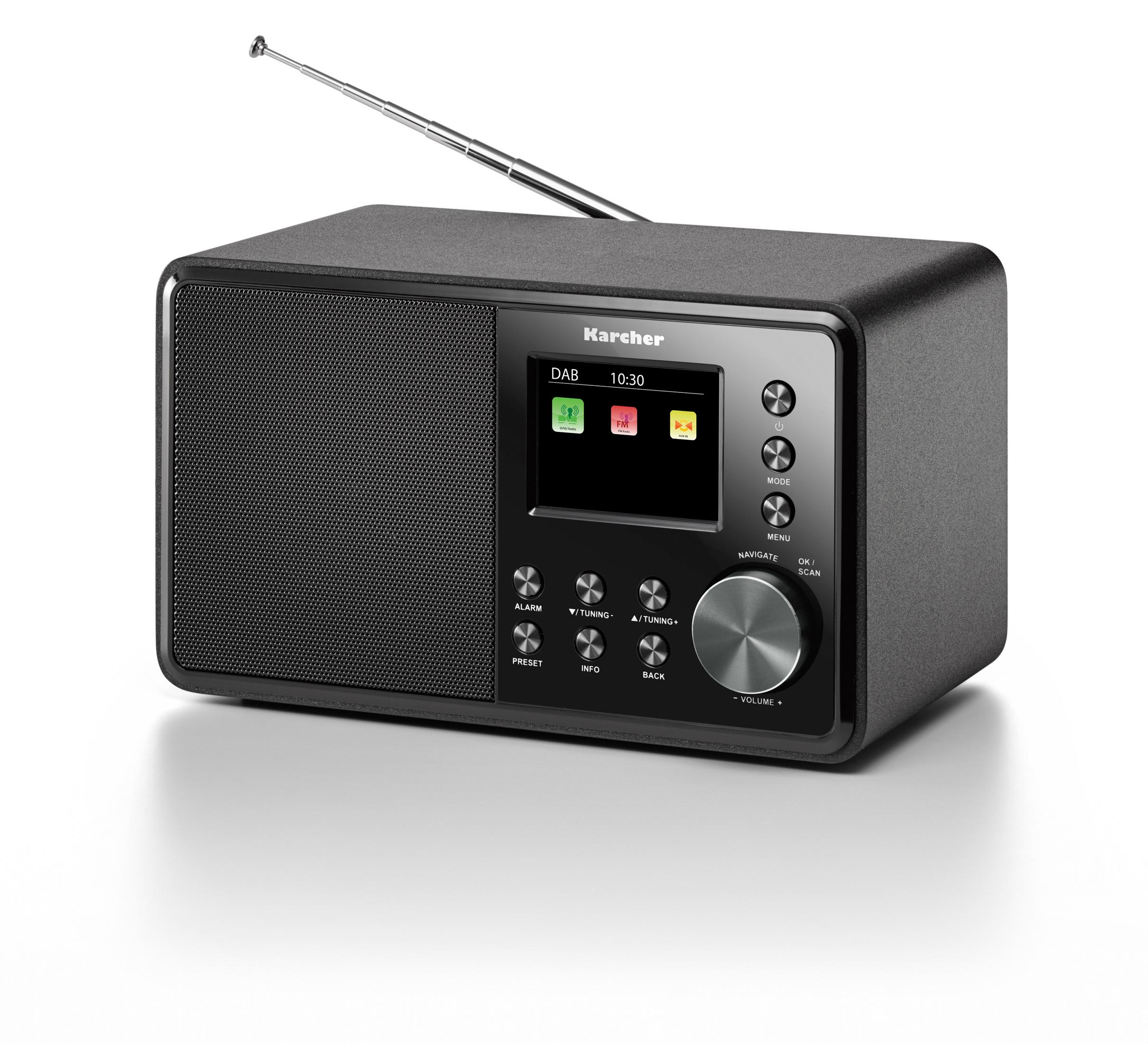 Radio noire avec écran et commandes. Dispose d'une antenne argentée et d'un fond blanc.