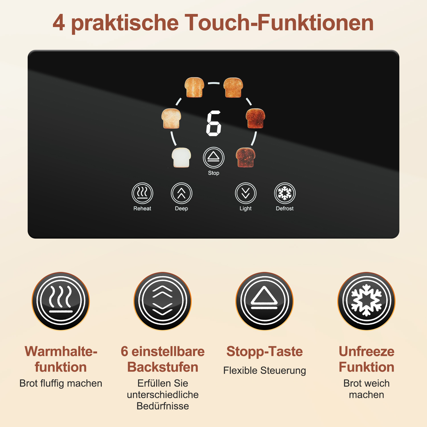 Toaster-Bedienfeld mit Einstellungen für Toaststufe, Stopp, Aufwärmen, Auftauen und Licht, illustriert mit Symbolen.
