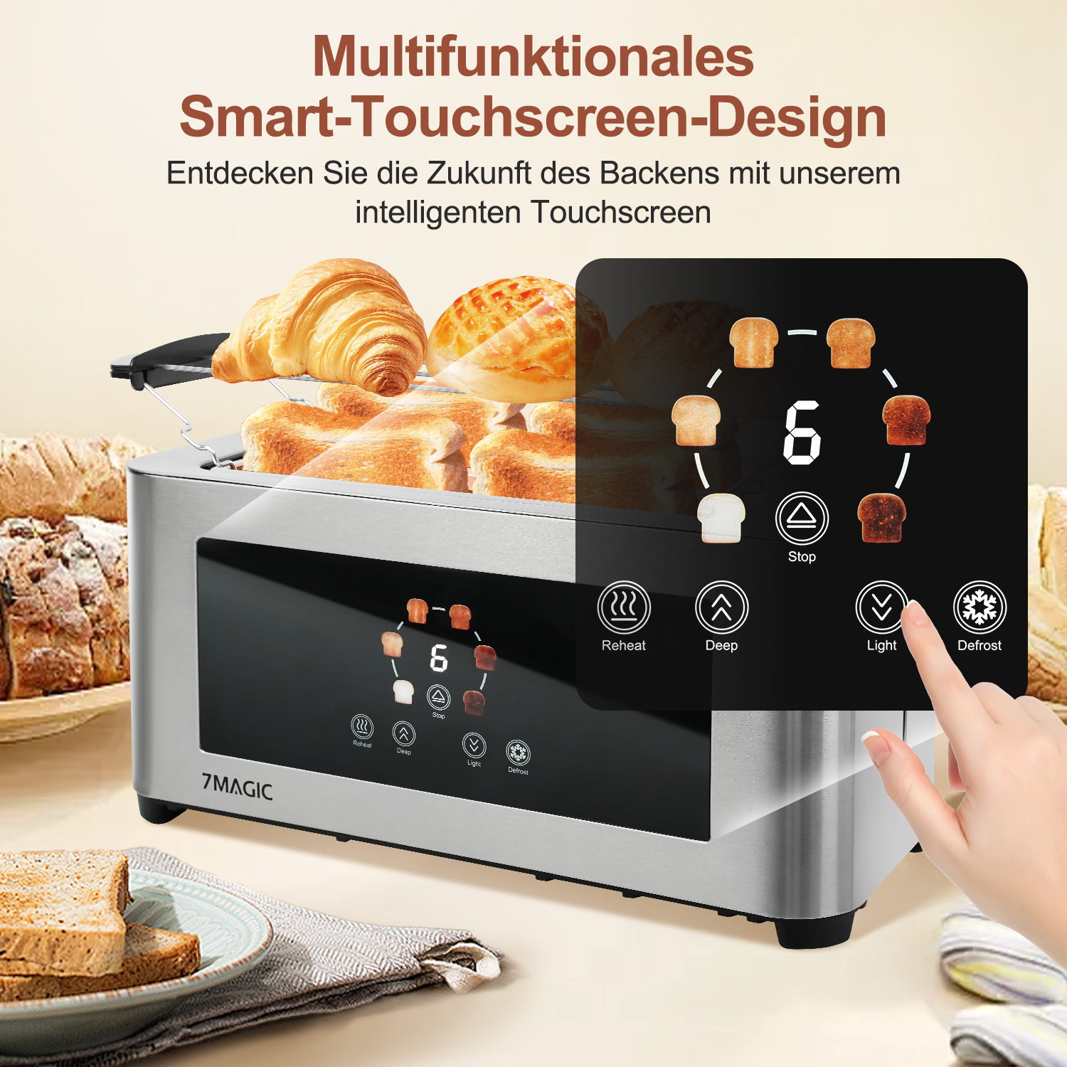 Ein silber-schwarzer Toaster mit Digitalanzeige, Hand berührt Bildschirm, Brot.