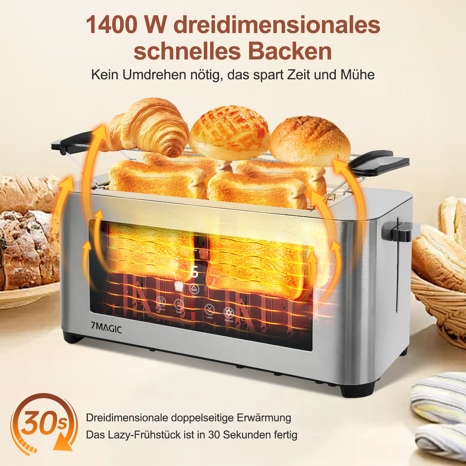Edelstahl-Toaster mit Brot und Gebäck. Pfeile zeigen die Heizrichtung.